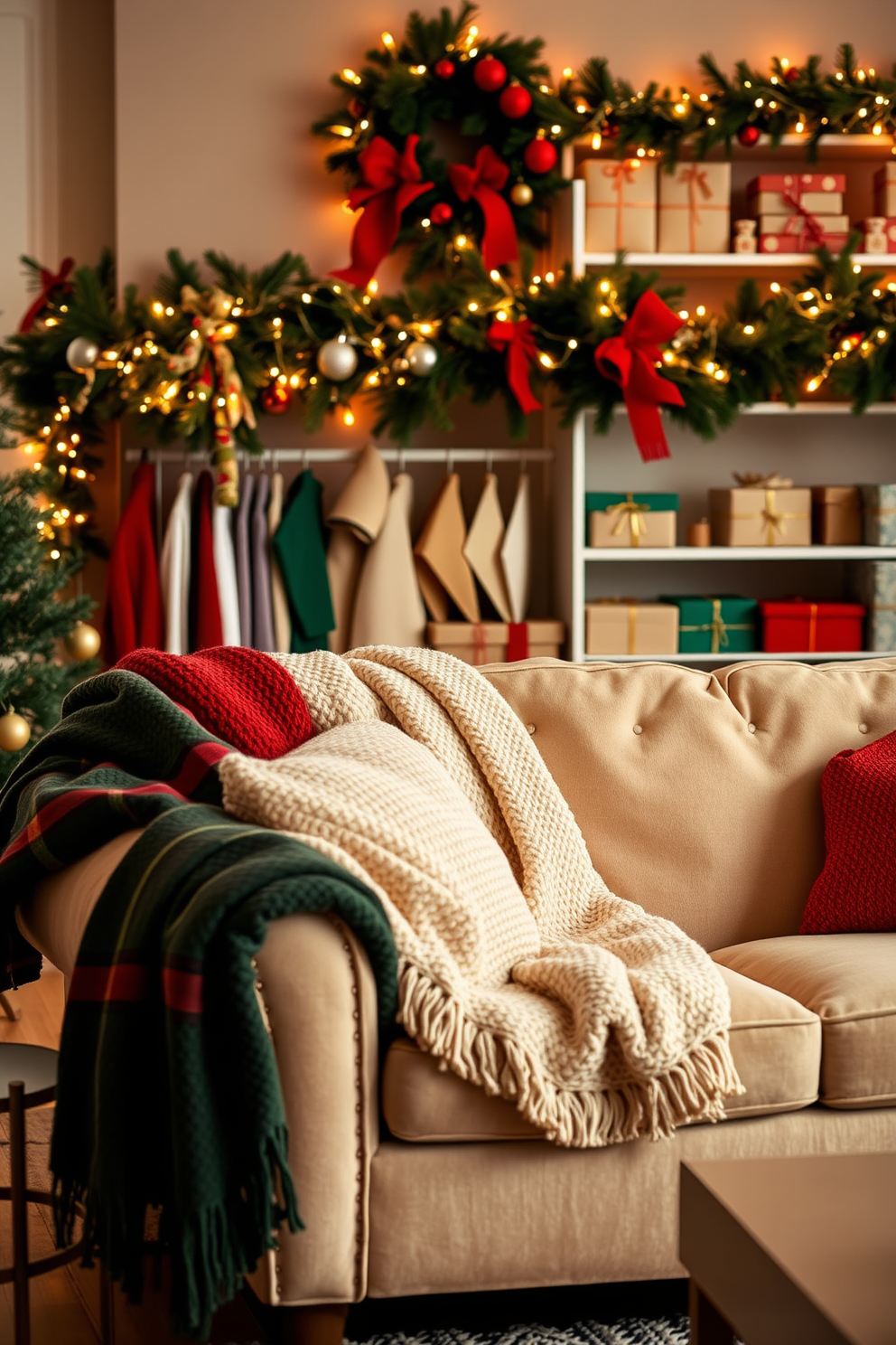 A collection of cozy throw blankets in festive colors is draped over a plush sofa, inviting warmth and comfort into the living room. The scene is enhanced by twinkling fairy lights strung across the mantle, creating a cheerful holiday atmosphere. For closet Christmas decorating ideas, imagine a beautifully organized closet adorned with festive garlands and twinkling lights. Colorful ornaments hang from the shelves, while neatly wrapped gifts are displayed, bringing a touch of holiday cheer to the storage space.