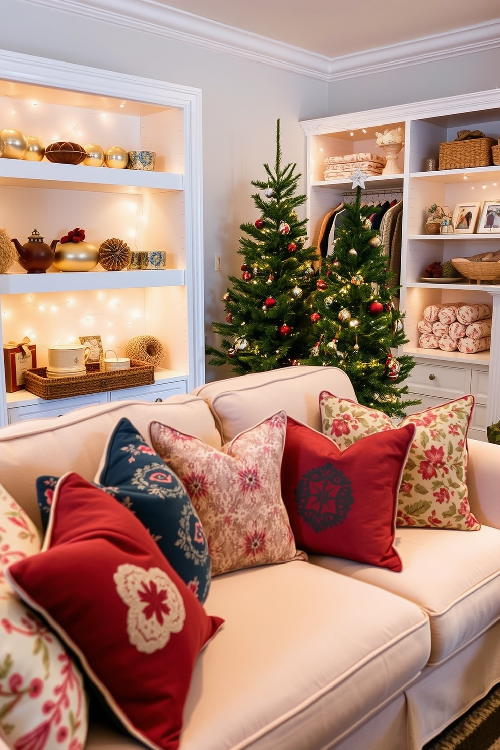 Seasonal pillows for added comfort. A cozy living room features a plush sofa adorned with an array of colorful seasonal pillows, each with unique patterns and textures that invite relaxation. Closet Christmas Decorating Ideas. Inside a spacious walk-in closet, festive ornaments and twinkling fairy lights are artfully arranged on shelves, while a small evergreen tree stands in the corner, creating a cheerful holiday atmosphere.