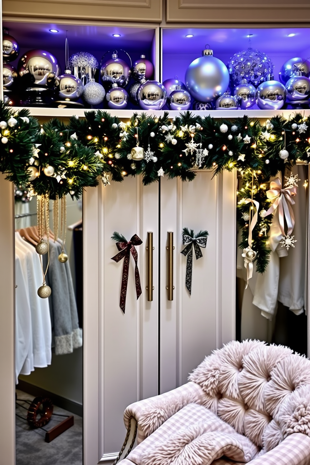 A stylish closet adorned with mirrored ornaments that reflect light beautifully. The shelves are decorated with festive garlands and twinkling fairy lights, creating a warm and inviting atmosphere. Elegant Christmas decorations hang from the closet doors, featuring shimmering ornaments and ribbons. A cozy throw blanket is draped over a plush chair in the corner, enhancing the holiday spirit.