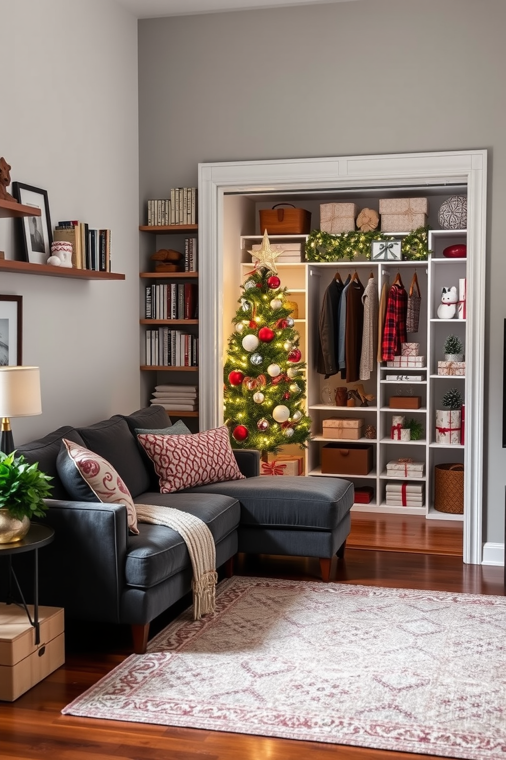 A cozy and inviting living room that maximizes space with clever decor solutions. The walls are adorned with shelves filled with books and decorative items, while a stylish sectional sofa is placed strategically to create an open flow. A beautifully decorated closet showcasing festive Christmas decor ideas. The closet features a small tree adorned with twinkling lights, and shelves are lined with neatly wrapped gifts and holiday-themed accessories, creating a cheerful and organized holiday atmosphere.