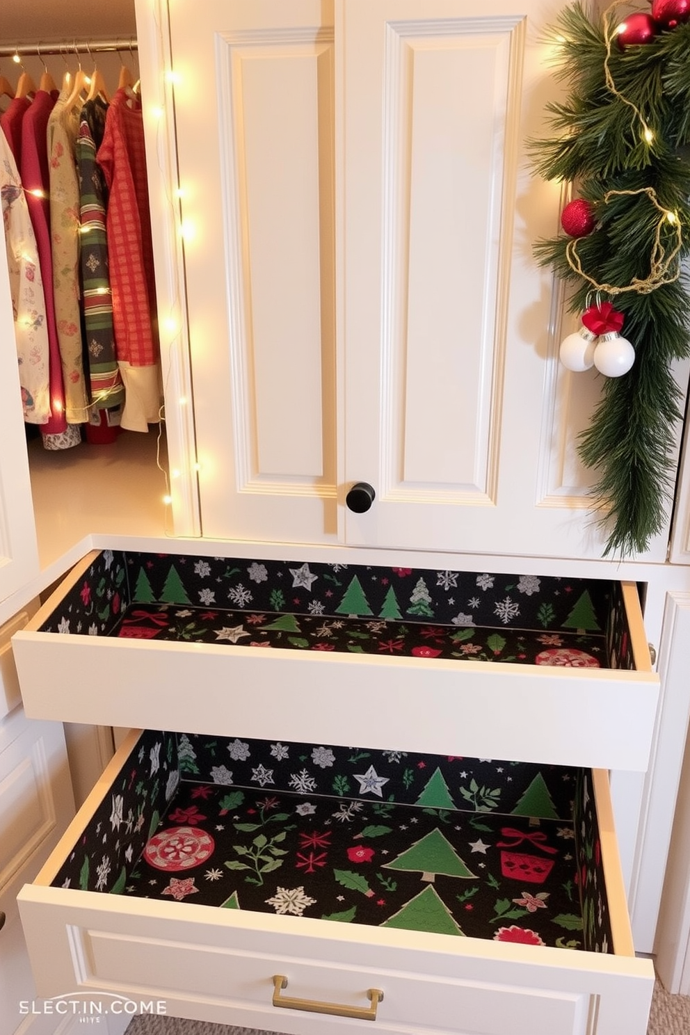 Holiday-themed drawer liners featuring festive patterns such as snowflakes, holly, and Christmas trees. These liners add a cheerful touch to your drawers while keeping them organized and stylish for the holiday season. For closet Christmas decorating ideas, consider incorporating string lights and decorative ornaments to create a whimsical atmosphere. Hang festive garlands or wreaths on the closet doors to enhance the holiday spirit.