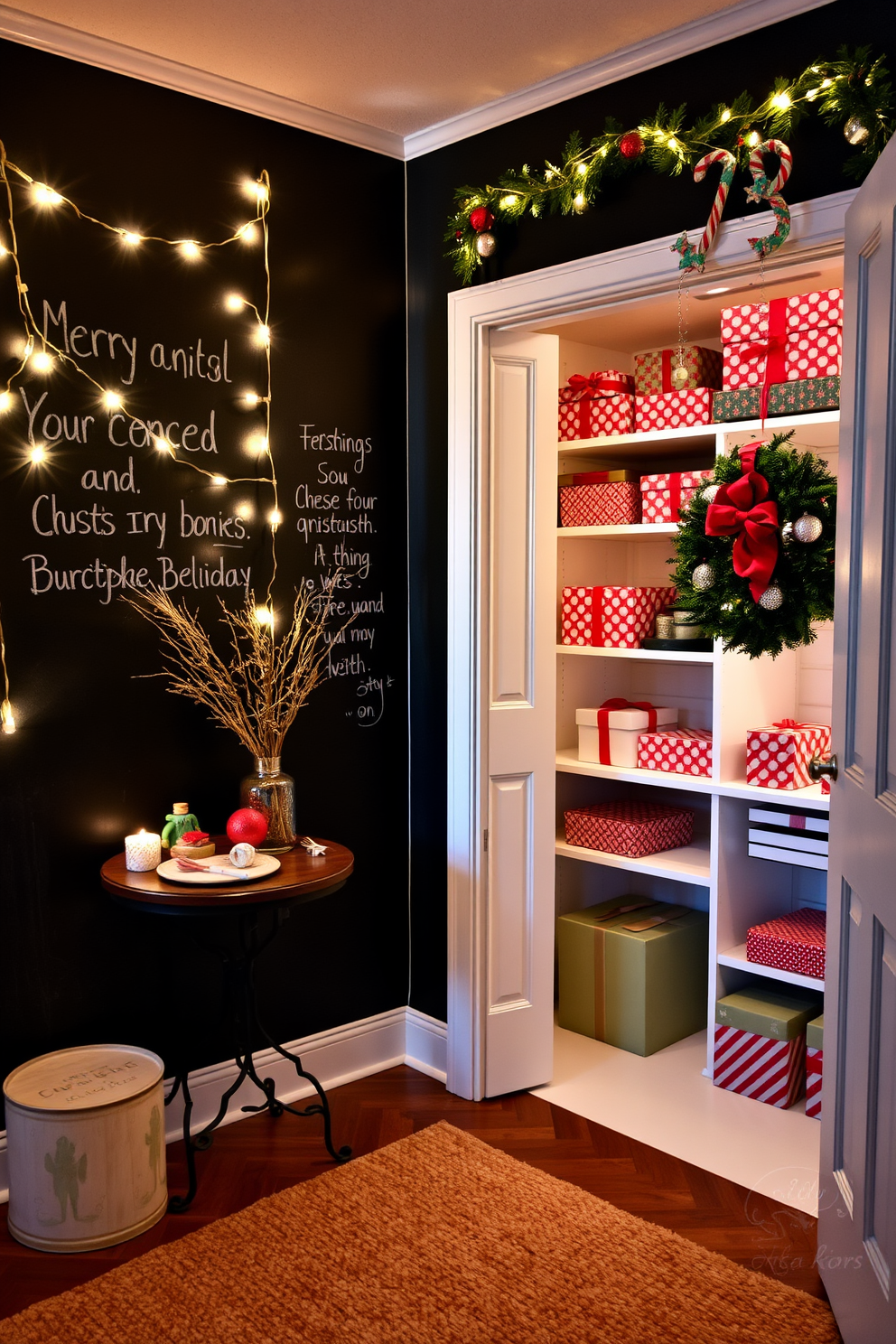 A cozy entryway featuring chalkboard paint on the wall, perfect for festive messages and seasonal greetings. The floor is adorned with a warm, textured rug, and a small decorative table holds holiday-themed decorations. A beautifully organized closet decorated for Christmas, showcasing twinkling fairy lights and vibrant ornaments. Shelves are lined with neatly wrapped gifts, and a festive wreath hangs on the door, adding a cheerful touch to the space.