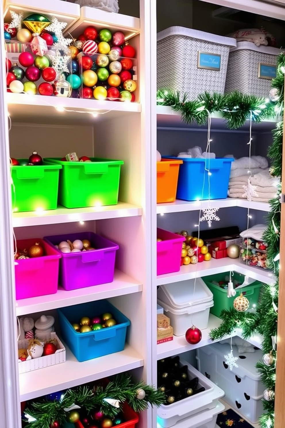 A vibrant array of colorful storage bins is neatly arranged on a shelf, each bin showcasing a different hue that adds a playful touch to the space. These bins are filled with various ornaments, creating an organized yet visually appealing display that enhances the room's festive atmosphere. For closet Christmas decorating ideas, the closet is transformed into a winter wonderland, with twinkling fairy lights draped along the shelves. Festive garlands and ornaments hang from the closet rod, creating a joyful and inviting space that captures the spirit of the holiday season.