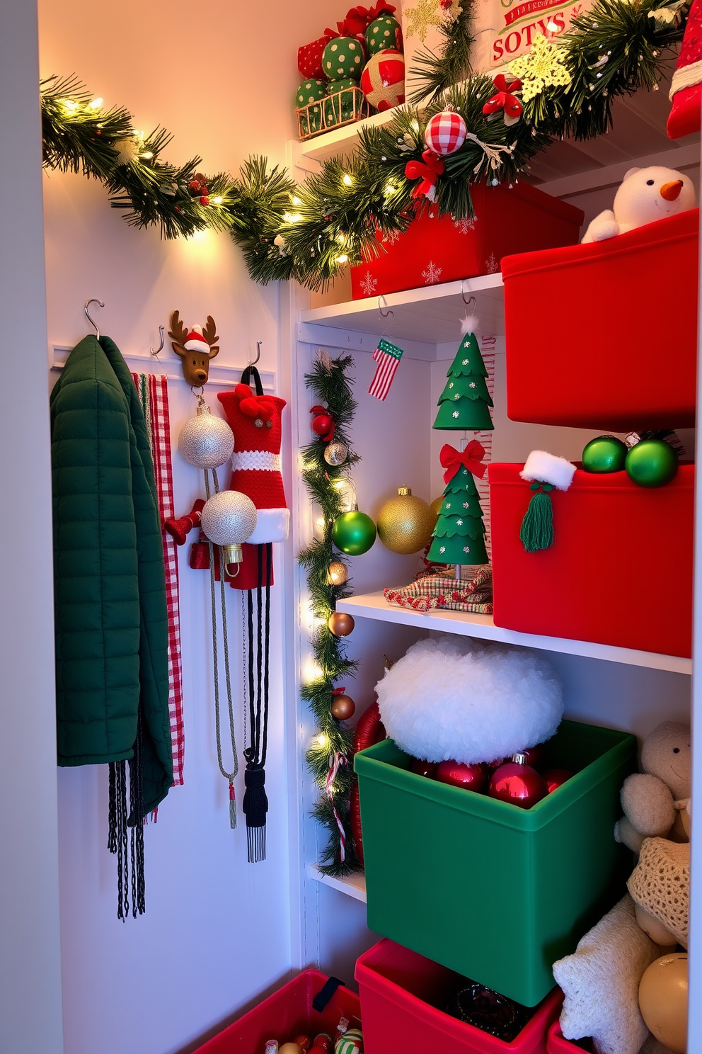 A festive closet adorned with holiday-themed hooks for accessories. Each hook is uniquely designed, featuring elements like snowflakes, reindeer, and Christmas trees, adding a cheerful touch to the space. The closet is filled with vibrant decorations, including garlands and twinkling fairy lights. Plush red and green storage bins neatly organize ornaments and seasonal accessories, creating a warm and inviting atmosphere.