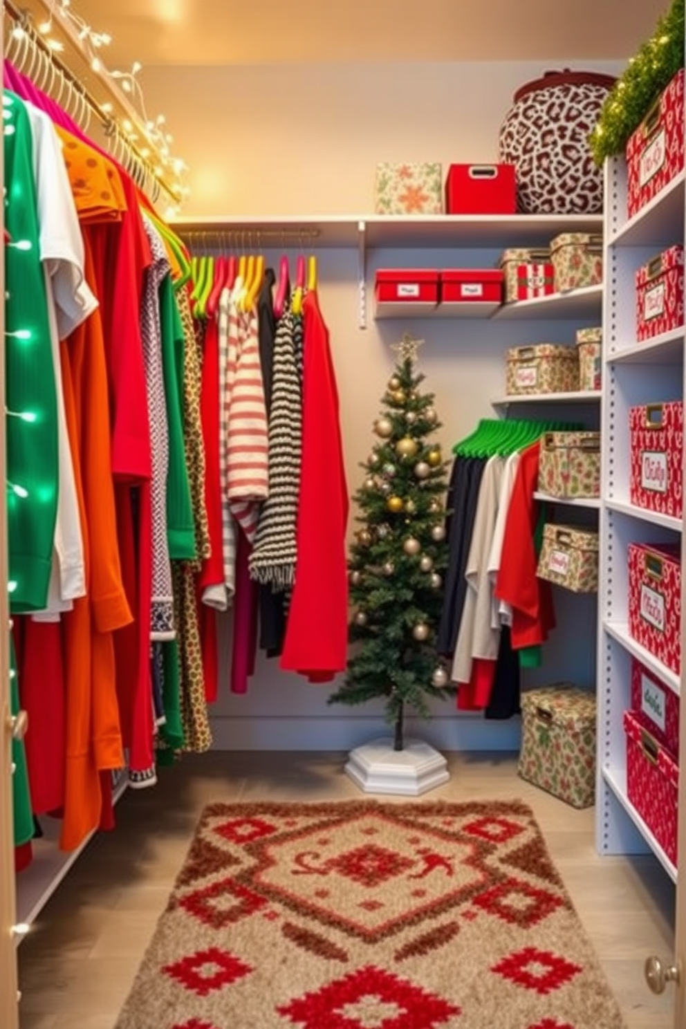 Brightly colored hangers for holiday outfits. The closet is filled with an array of vibrant hangers showcasing festive attire, each piece carefully arranged by color and style. The walls of the closet are adorned with twinkling fairy lights that add a warm glow, creating a cheerful ambiance. A small decorative tree sits in one corner, draped with miniature ornaments that complement the holiday theme. Closet Christmas Decorating Ideas. The shelves are lined with seasonal storage boxes, each labeled and decorated with holiday motifs. A cozy rug in festive colors lies on the floor, inviting a sense of comfort and joy during the holiday season.