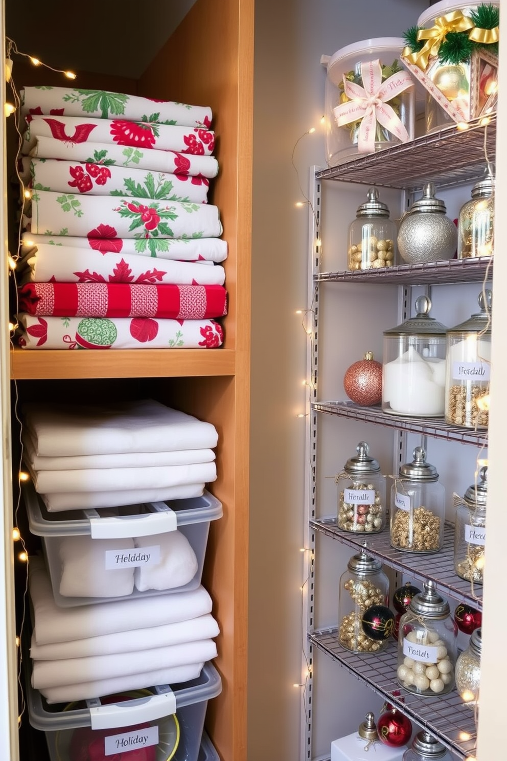 A collection of seasonal tablecloths is neatly folded on a wooden shelf, showcasing vibrant patterns for each holiday. The closet space is organized with clear bins, each labeled for easy access to festive linens. The closet is adorned with Christmas decorations, featuring twinkling fairy lights strung along the shelves. Elegant ornaments are displayed in glass jars, adding a touch of holiday cheer to the organized space.