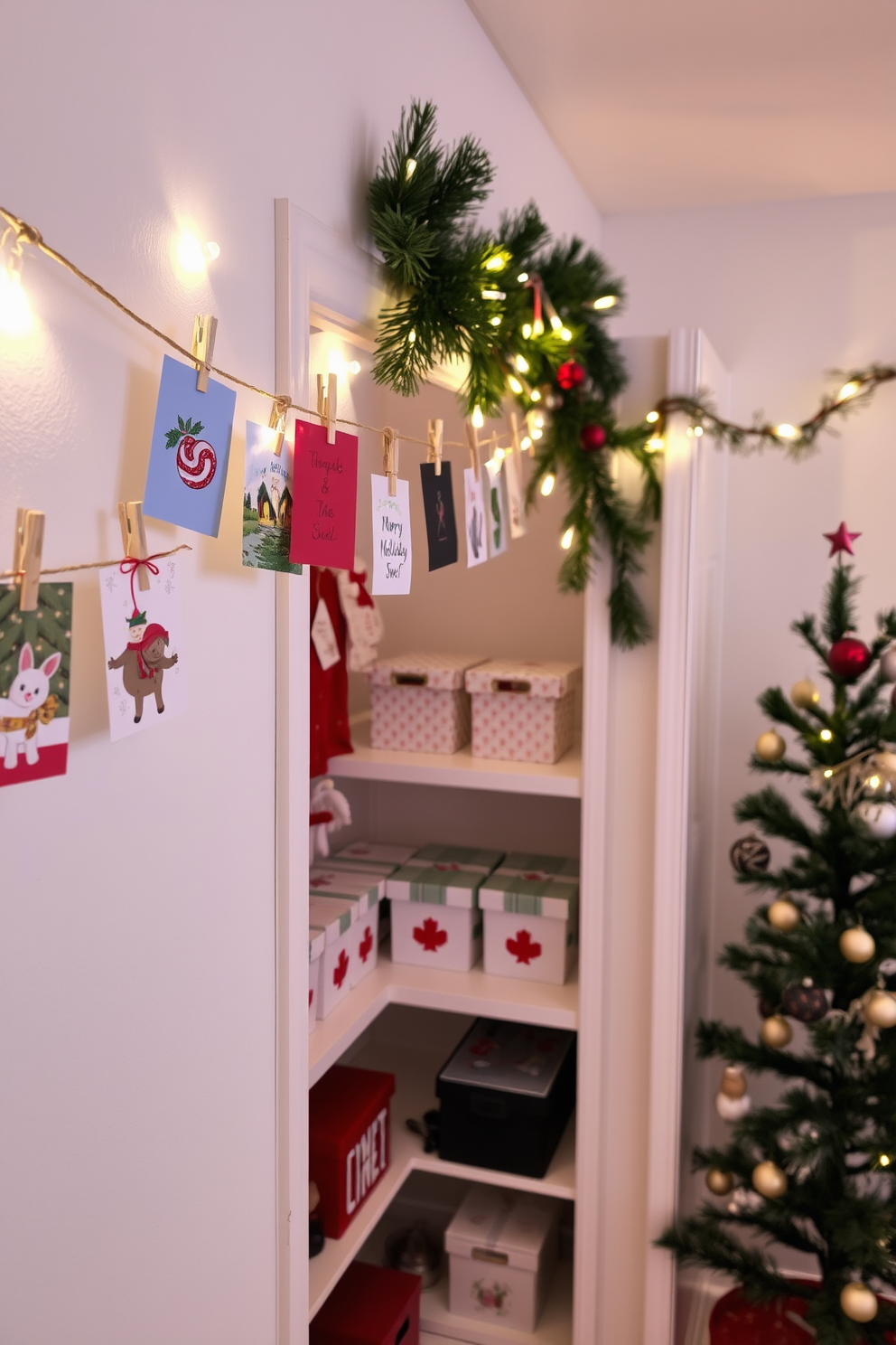 A festive display of holiday cards is elegantly strung across a wall, with colorful cards hanging from twine using decorative clothespins. Soft, warm lights twinkle along the string, creating a cozy atmosphere that invites holiday cheer. The closet is transformed into a winter wonderland, adorned with garlands of pine and twinkling fairy lights. Shelves are lined with neatly arranged holiday-themed storage boxes, while a small tree stands in the corner, decorated with ornaments that reflect the spirit of the season.