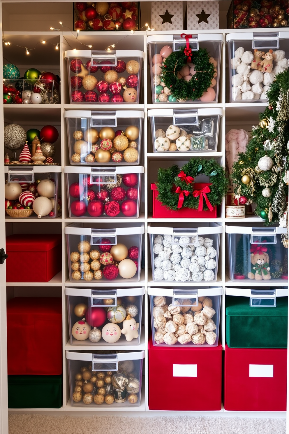 A beautifully organized closet featuring clear bins for visibility, neatly arranged to showcase a variety of seasonal decorations. The shelves are adorned with twinkling fairy lights, and festive ornaments are color-coordinated within the bins for easy access during the holiday season. A cozy corner of the closet is dedicated to Christmas decorations, with garlands and wreaths hanging elegantly. Plush red and green storage boxes complement the clear bins, creating a visually appealing and functional holiday display.