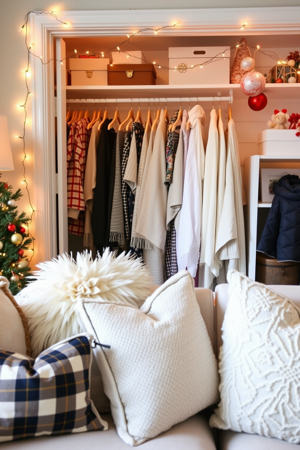 Layered textiles create a cozy and inviting atmosphere in a living space. Soft throws, plush cushions, and a mix of patterns and textures add depth and warmth to the room. For closet Christmas decorating ideas, envision a beautifully organized closet adorned with festive touches. String lights drape elegantly over hangers, while decorative boxes and seasonal ornaments provide a cheerful holiday flair.