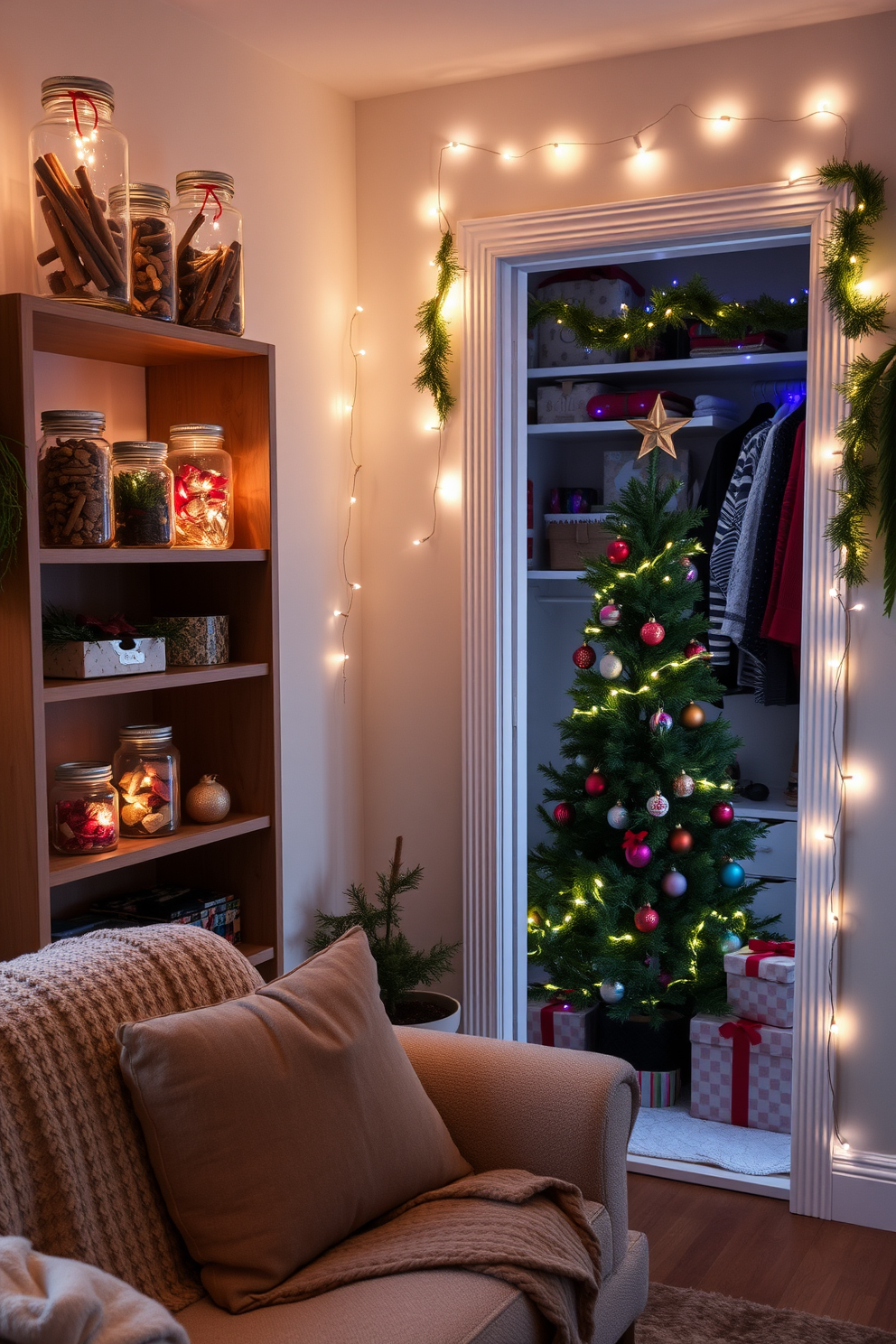 A cozy living room adorned with potpourri jars filled with seasonal scents like cinnamon and pine. Soft, ambient lighting enhances the inviting atmosphere, while a plush sofa is draped with a knitted throw. A festive closet decorated for Christmas with twinkling fairy lights and colorful ornaments hanging from the shelves. The space features a small Christmas tree in the corner, surrounded by neatly wrapped gifts and garlands of greenery.