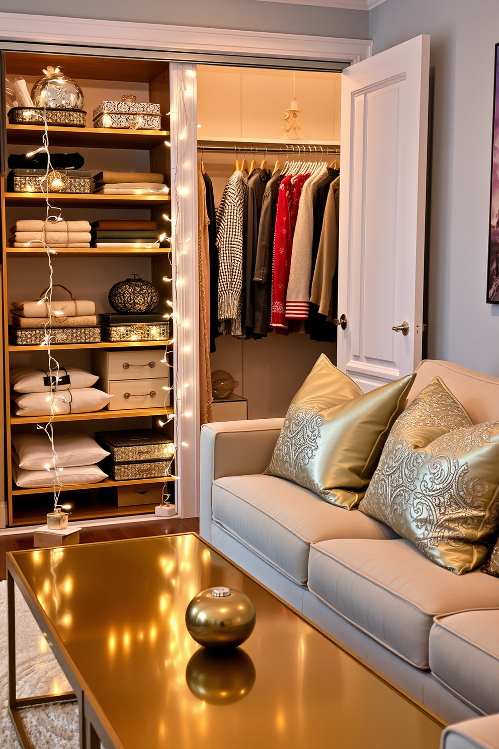 A chic living room adorned with metallic accents. The coffee table features a sleek brass finish, while the decorative pillows on the sofa incorporate shimmering silver threads. A festive closet space transformed for Christmas. The shelves are adorned with twinkling fairy lights, and elegant ornaments hang from the closet rod, creating a warm holiday atmosphere.