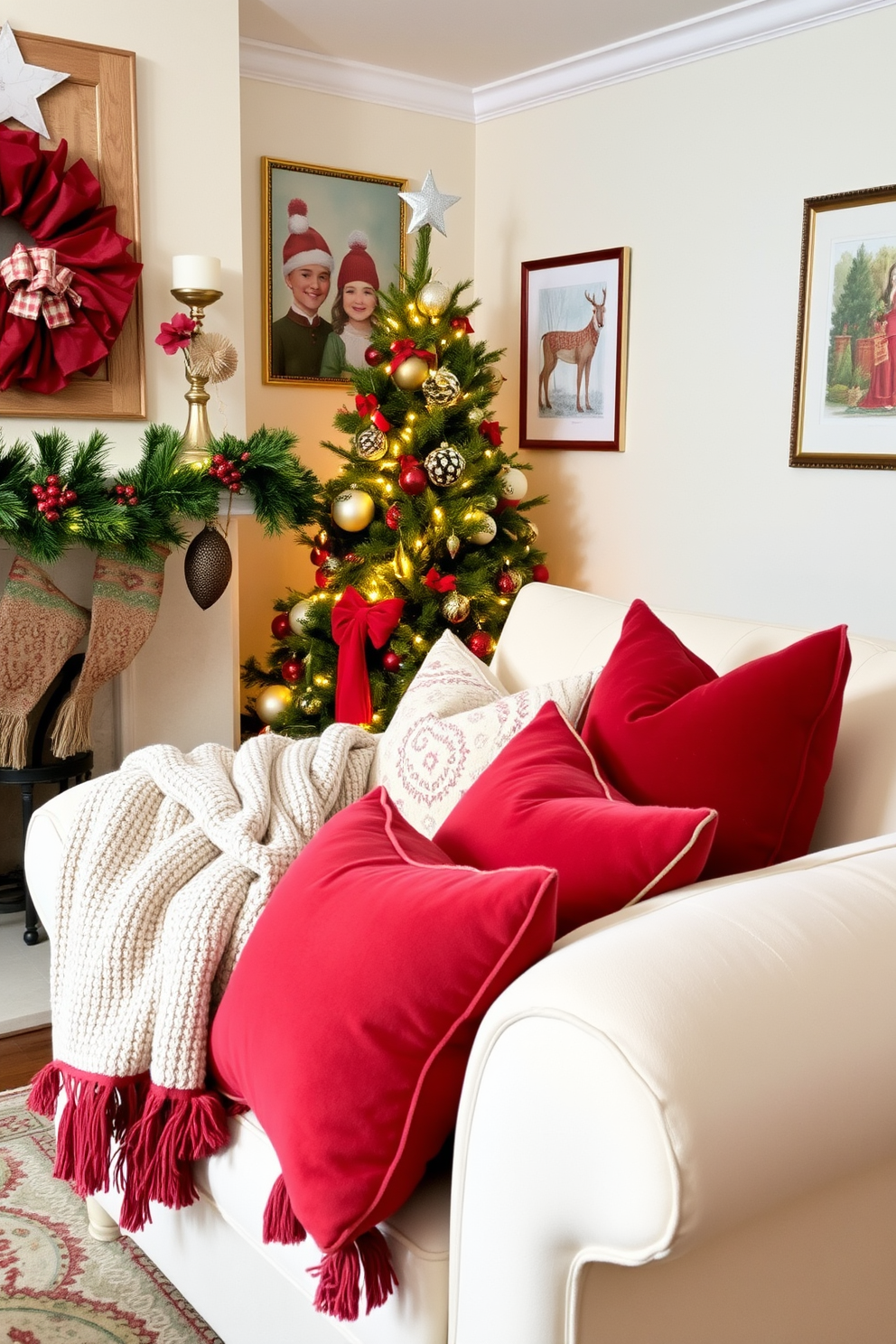 A cozy living room adorned with color-coordinated decorations that create a sense of unity. Plush throw pillows in varying shades of red and green complement a soft, knitted blanket draped over a cream-colored sofa. The walls are adorned with festive artwork featuring holiday themes, while a beautifully decorated Christmas tree stands in the corner, adorned with matching ornaments and twinkling lights. A decorative garland with red berries and pinecones frames the mantelpiece, adding warmth and charm to the space.