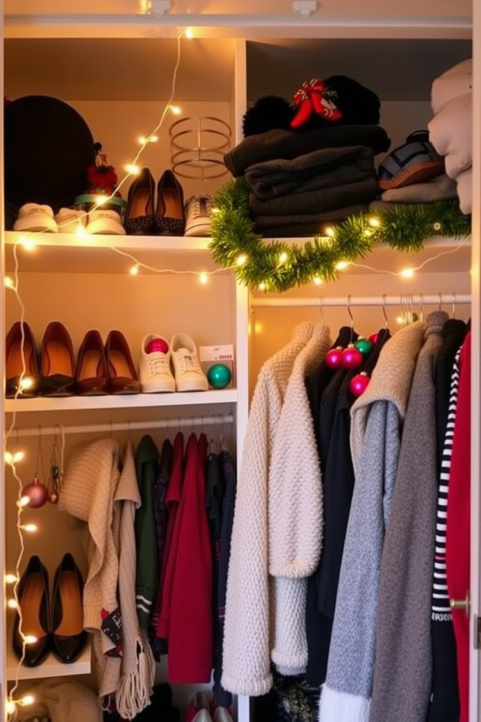 String lights are delicately draped along the closet shelves, creating a warm and inviting ambiance. The soft glow enhances the display of neatly organized shoes and accessories, making the space feel festive and cheerful. For a charming holiday touch, vibrant ornaments and garlands are artfully arranged among the clothing and accessories. This creative closet Christmas decorating idea transforms a utilitarian space into a delightful winter wonderland.