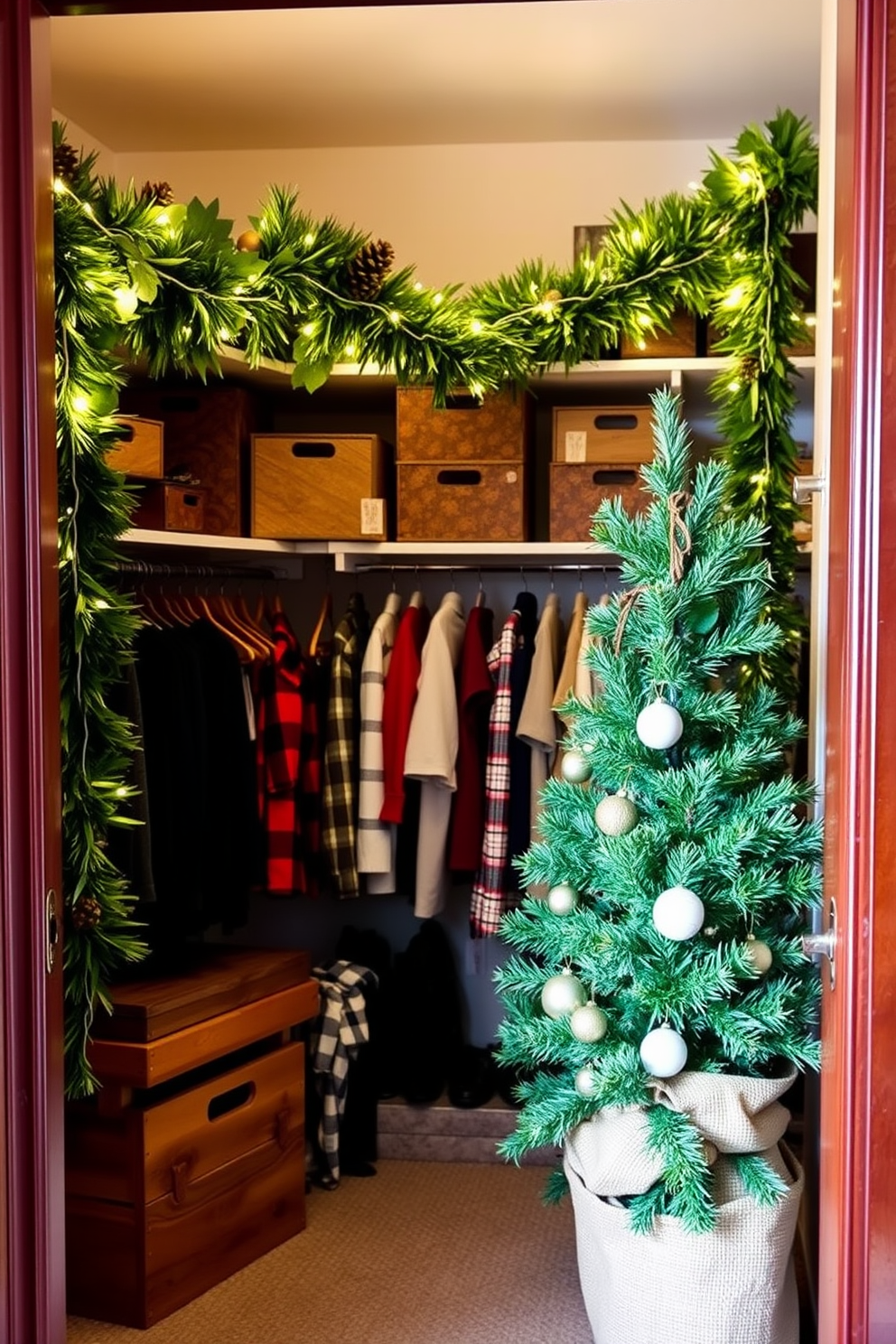 A cozy closet space decorated for Christmas, featuring natural elements like pinecones and lush green garlands draped across the shelves. Soft white lights twinkle among the greenery, creating a warm and inviting atmosphere perfect for the holiday season. The closet is organized with neatly arranged holiday-themed clothing and accessories, complemented by rustic wooden storage boxes. A small evergreen tree stands in the corner, adorned with simple ornaments and a burlap skirt, bringing a touch of nature indoors.