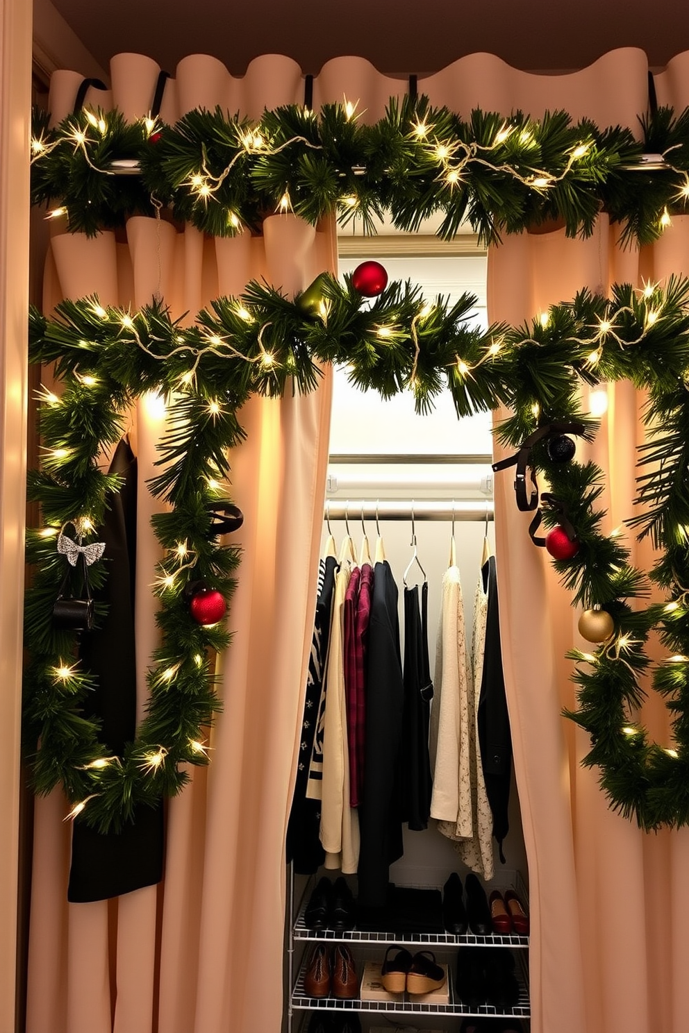 Festive garlands draped over elegant curtain rods create a warm and inviting atmosphere in the closet. The garlands are adorned with twinkling lights and colorful ornaments, enhancing the holiday spirit while showcasing neatly organized accessories.