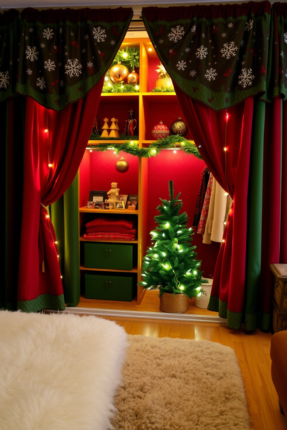 A cozy holiday-themed closet featuring curtains made of rich, festive fabric adorned with snowflakes and holly patterns. The shelves are decorated with twinkling fairy lights, and a small evergreen tree is placed in the corner, adding a touch of Christmas spirit. The closet doors are draped with luxurious velvet curtains in deep red and green tones, creating a warm and inviting atmosphere. Decorative ornaments and garlands are hung on the shelves, while a plush rug in front of the closet adds comfort and style.