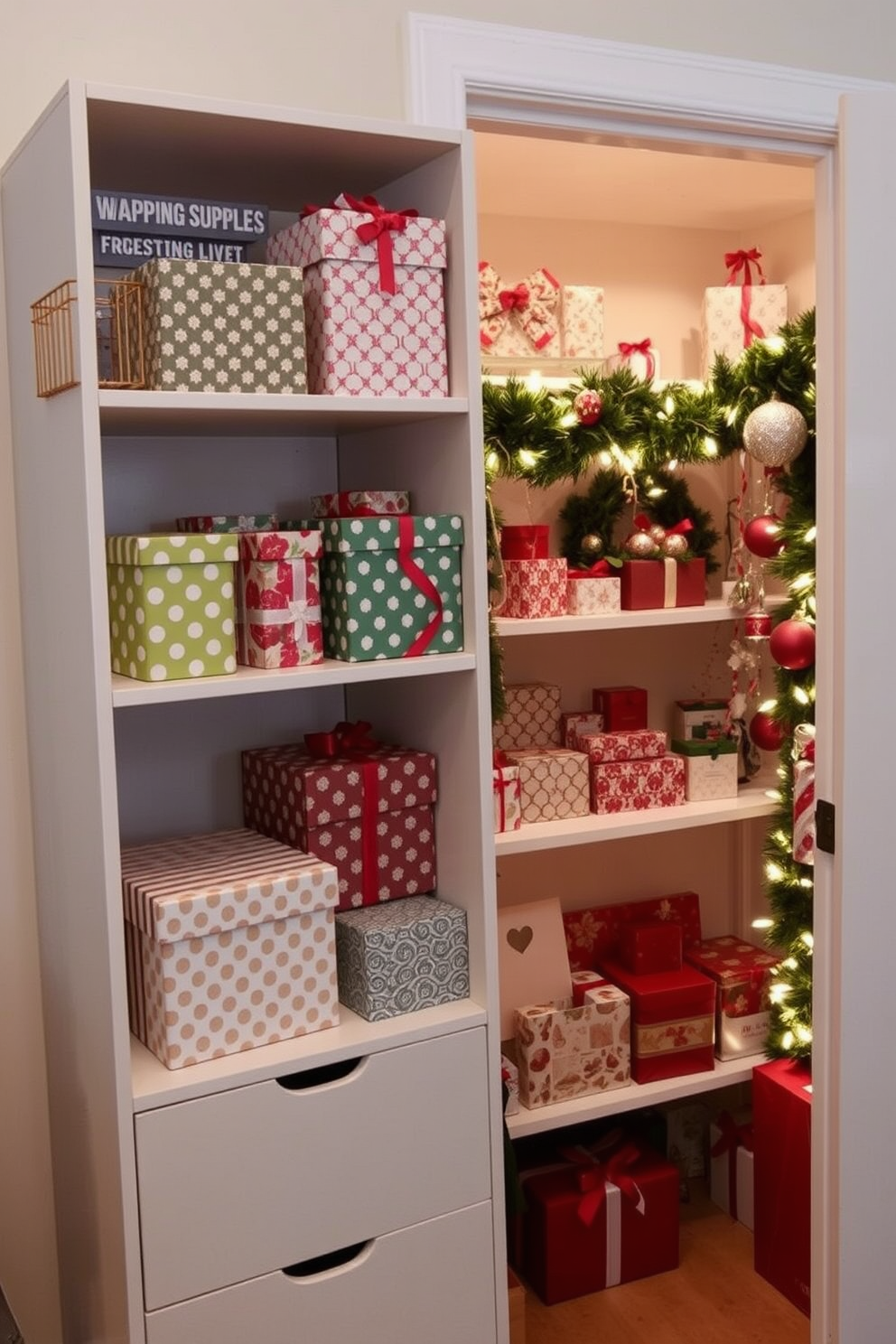 A stylish display of decorative boxes for gift wrapping supplies is arranged on a sleek, modern shelving unit. The boxes feature various patterns and colors, adding a festive touch to the space. In a cozy closet, Christmas decorations are beautifully organized, showcasing twinkling lights, ornaments, and garlands. The shelves are adorned with seasonal accents, creating a warm and inviting atmosphere perfect for the holiday spirit.