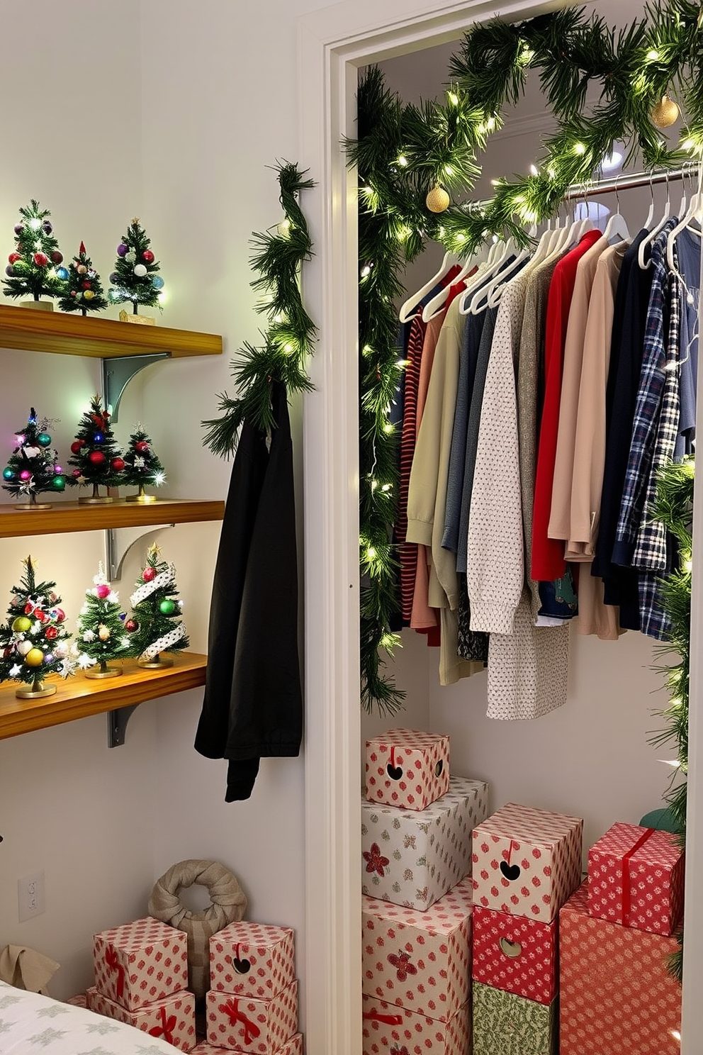 A charming display of miniature Christmas trees adorns the shelves, each tree uniquely decorated with colorful ornaments and twinkling fairy lights. The shelves are crafted from rustic wood, enhancing the cozy holiday atmosphere of the room. In the closet, festive decorations transform the space into a winter wonderland, with garlands of greenery draped over the hangers and twinkling lights woven through the clothing. Decorative boxes wrapped in vibrant Christmas paper are neatly arranged on the closet floor, adding a touch of cheer to the organization.