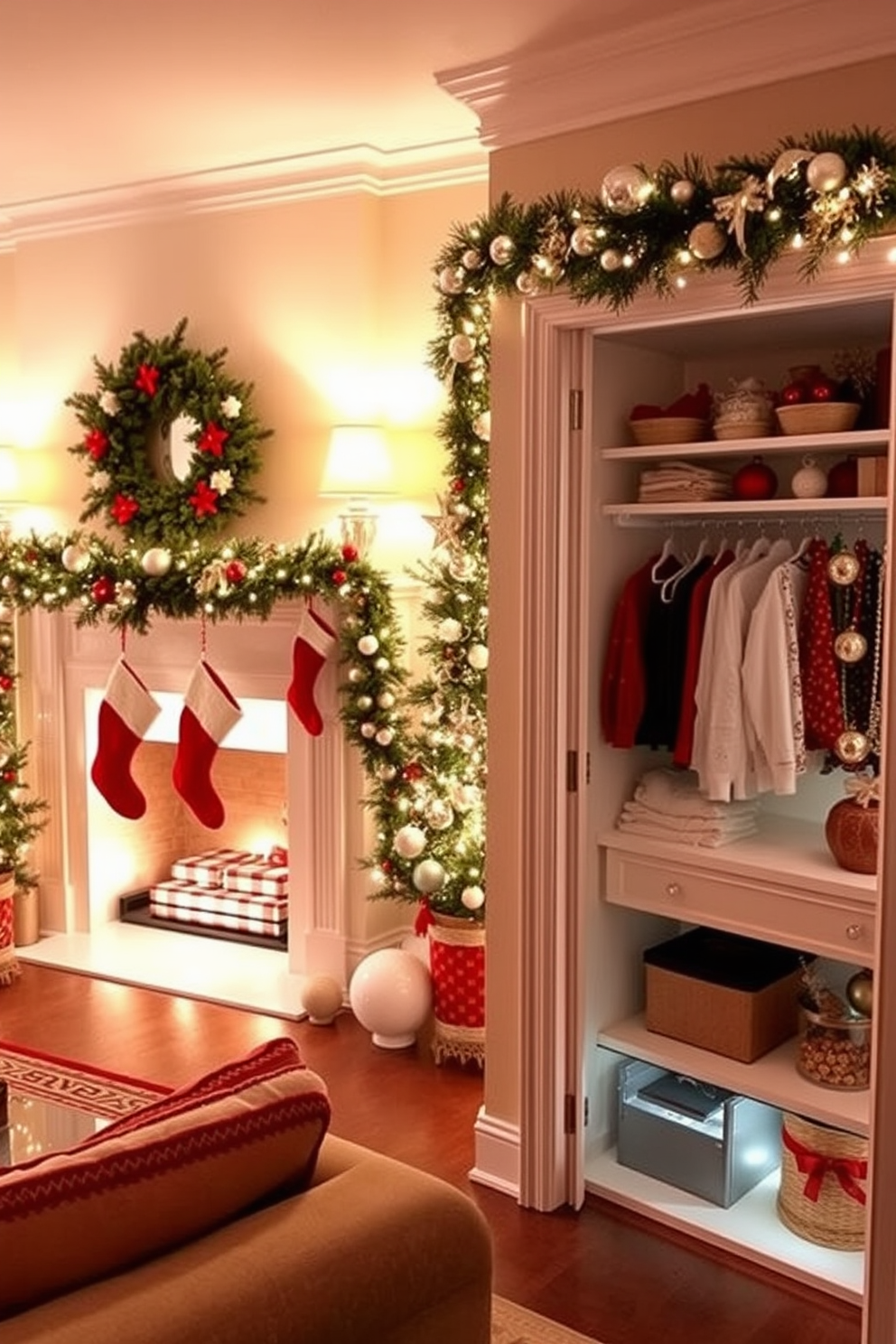 A cozy living room adorned for the holidays, featuring a beautifully decorated fireplace mantel where colorful stockings hang cheerfully. The room is illuminated by soft, warm lighting, creating an inviting atmosphere filled with festive decorations and a lush Christmas tree in the corner. A spacious closet transformed into a winter wonderland, showcasing elegant Christmas-themed decor. Delicate garlands and twinkling lights line the shelves, while festive ornaments are artfully arranged to bring holiday cheer to the storage space.