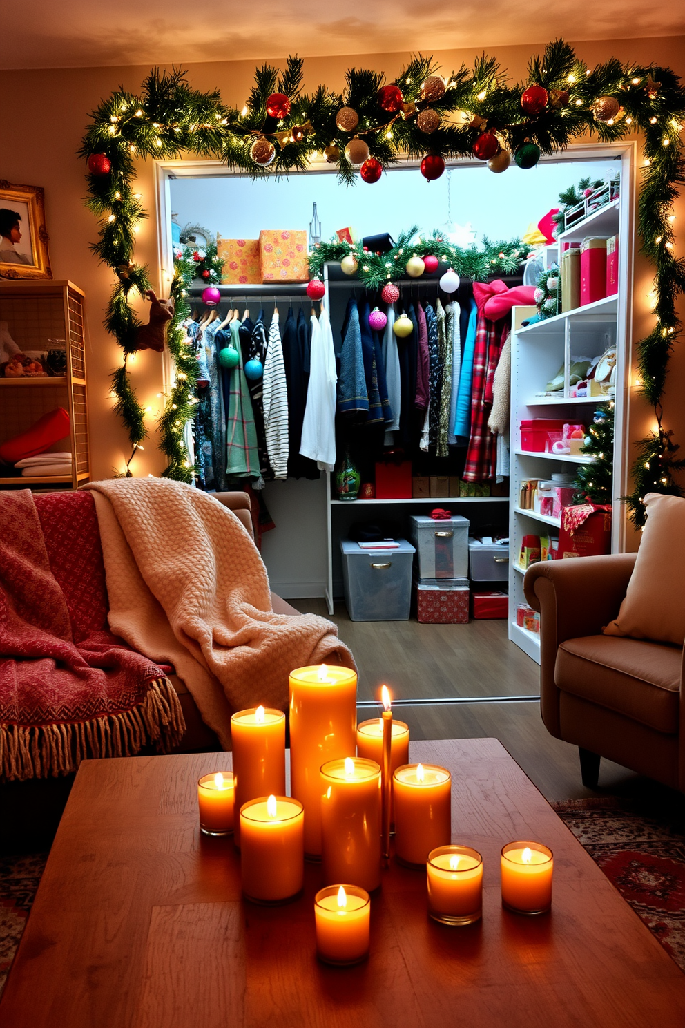 A warm and inviting living room filled with the soft glow of scented candles placed on a rustic wooden coffee table. The flickering flames create a cozy atmosphere, complemented by plush throw blankets draped over a stylish sofa and seasonal decor accentuating the space. A festive closet adorned with cheerful Christmas decorations, featuring colorful ornaments hanging from a beautifully arranged garland. Twinkling fairy lights illuminate the space, while neatly organized gift boxes and holiday-themed accessories add a touch of seasonal charm.