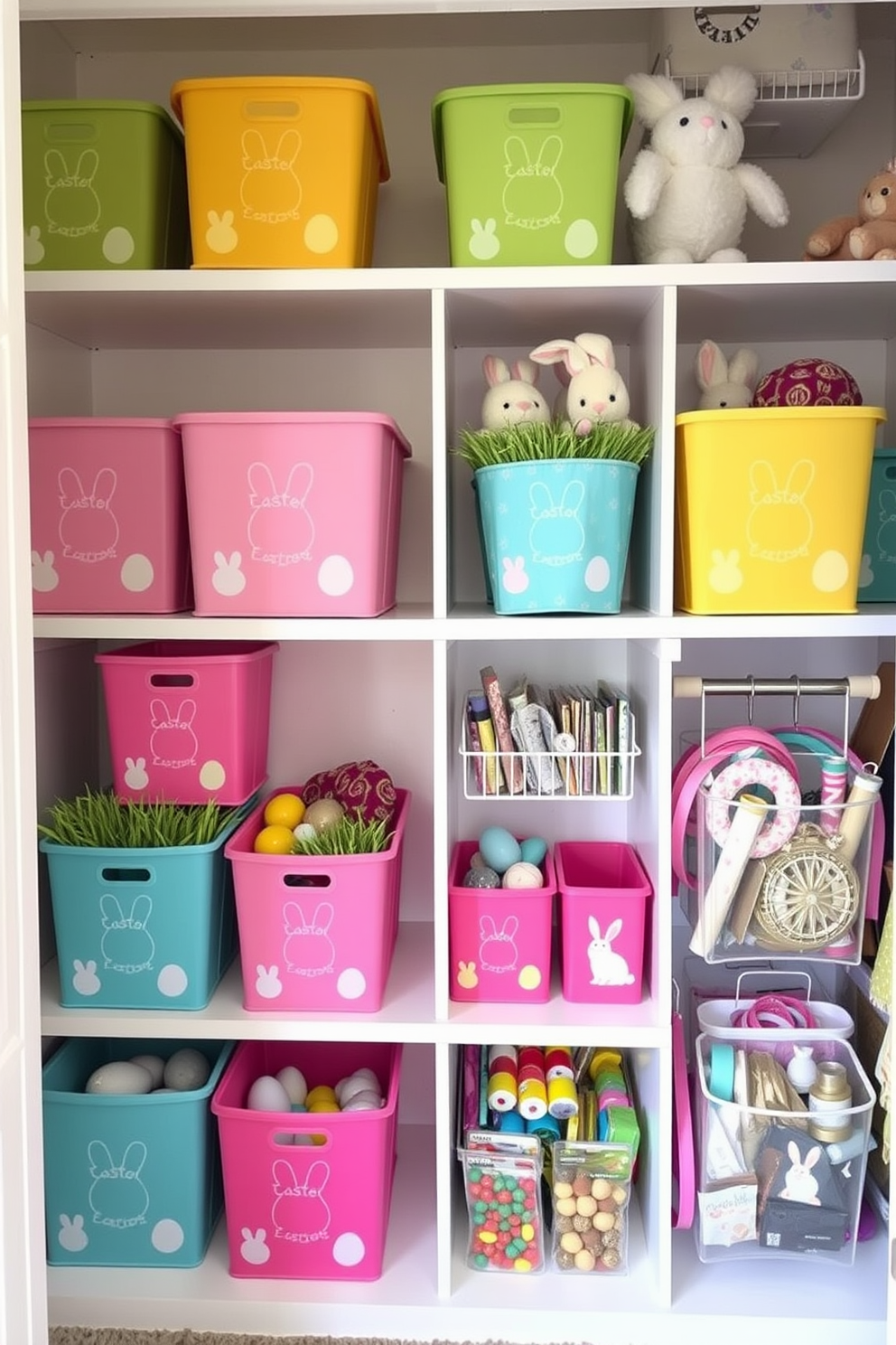 Colorful storage bins adorned with Easter motifs are neatly arranged on white shelves. Each bin features vibrant colors like pastel pink, yellow, and blue, with cheerful bunny and egg patterns. Inside a walk-in closet, Easter decorations are thoughtfully organized. Baskets filled with artificial grass, colorful eggs, and plush bunny toys are displayed on the top shelves, while hanging organizers hold festive ribbons and crafting supplies.