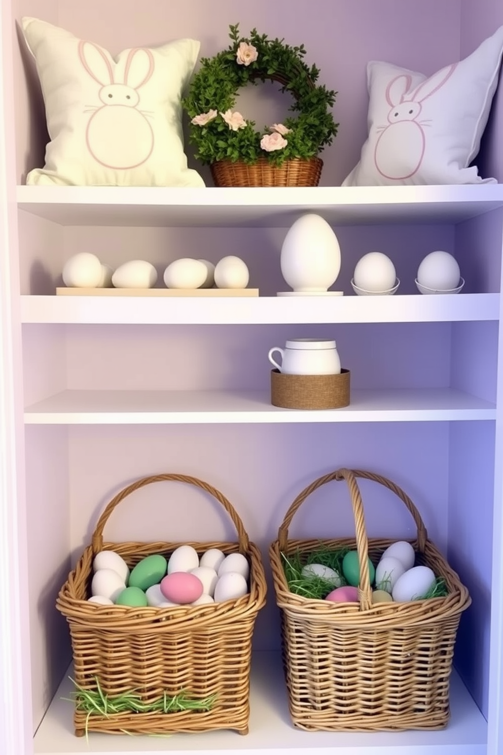 A cozy closet decorated for Easter. Shelves are lined with pastel-colored throw pillows featuring bunny and egg motifs. Below the shelves, wicker baskets filled with decorative Easter eggs and faux grass are neatly arranged. The closet walls are painted in a soft lavender hue, enhancing the festive atmosphere.