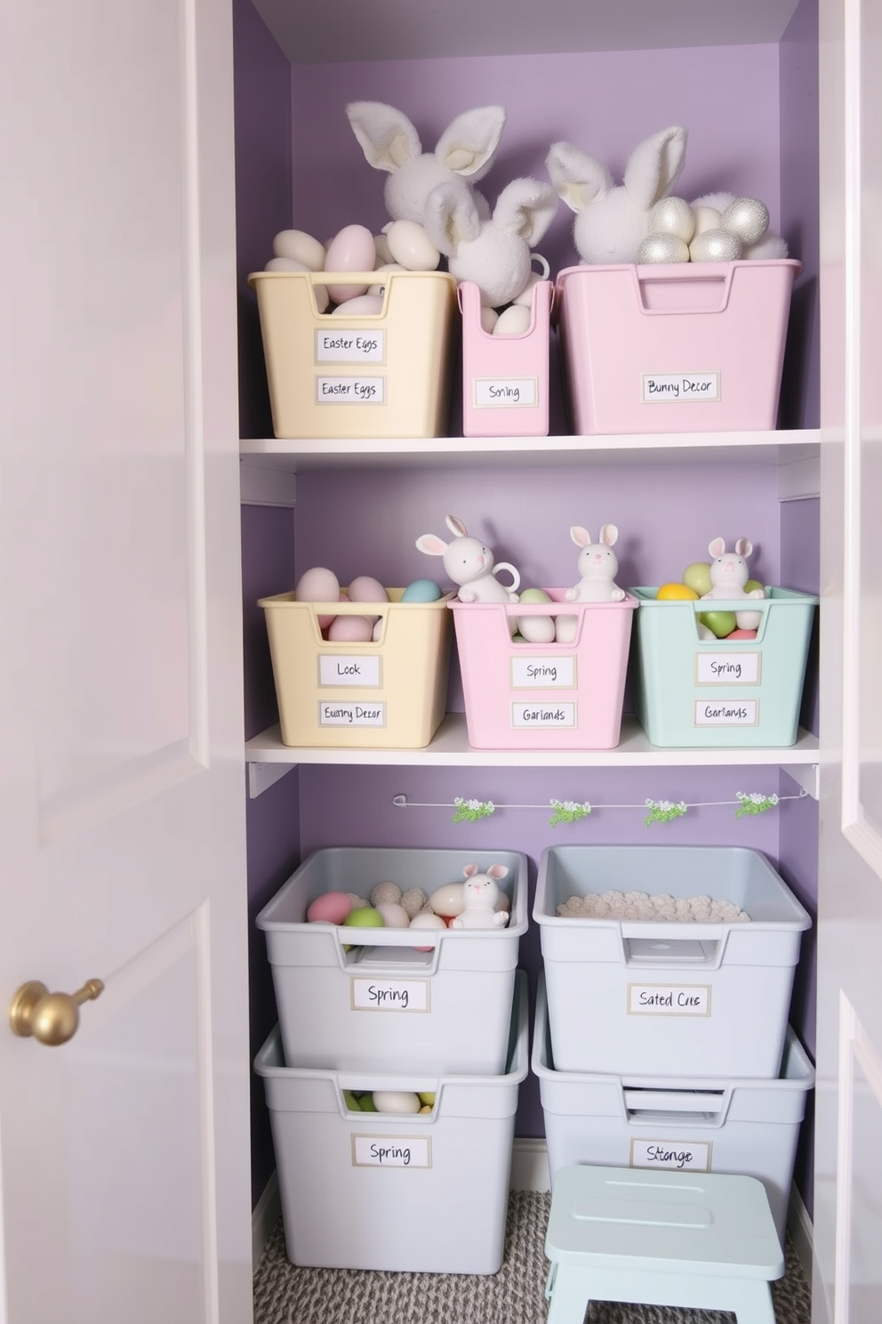 A well-organized closet space dedicated to Easter decorations. Labeled bins in pastel colors, neatly stacked on shelves, contain various Easter eggs, bunny figurines, and spring-themed garlands. Each bin has a clear label indicating its contents, such as 