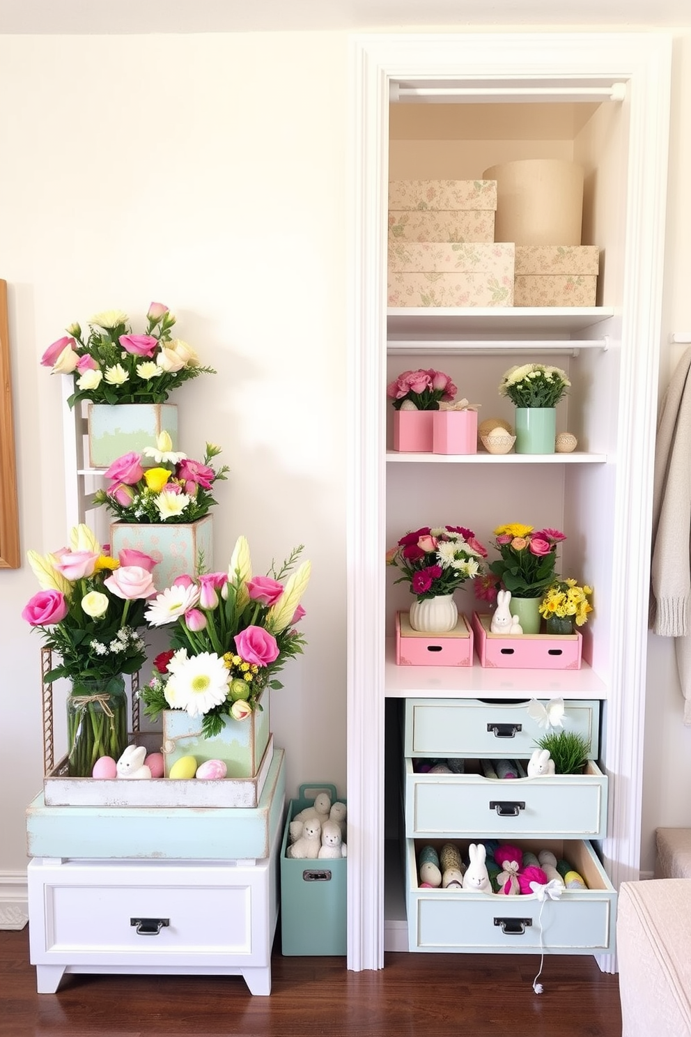 A bright and cheerful living room adorned with floral arrangements in decorative boxes. The boxes are made of rustic wood and painted in pastel colors, each filled with a variety of fresh blooms such as roses, tulips, and daisies, creating a vibrant and inviting atmosphere. A well-organized closet space transformed for Easter with pastel-colored decorations and themed accessories. The shelves and drawers are lined with soft, floral-patterned paper, and small decorative boxes filled with Easter eggs, bunny figurines, and fresh flowers are neatly arranged, adding a festive touch to the space.