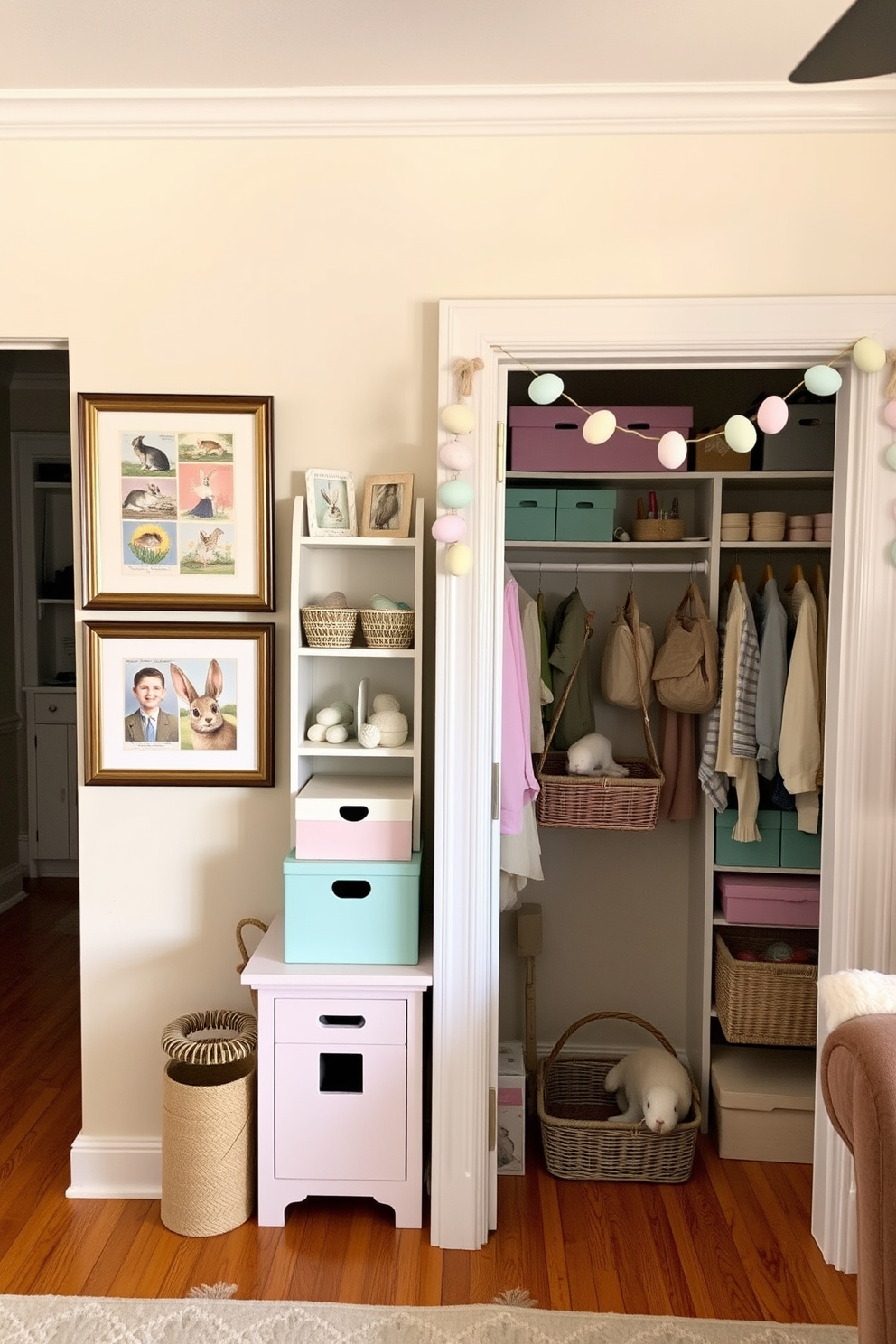 A cozy living room with vintage Easter postcards framed and hung on the wall. The postcards feature pastel colors and charming illustrations, adding a nostalgic touch to the space. A walk-in closet decorated for Easter with pastel-colored storage boxes and baskets. Shelves are adorned with small Easter-themed ornaments, and a garland of Easter eggs hangs from the top shelf.