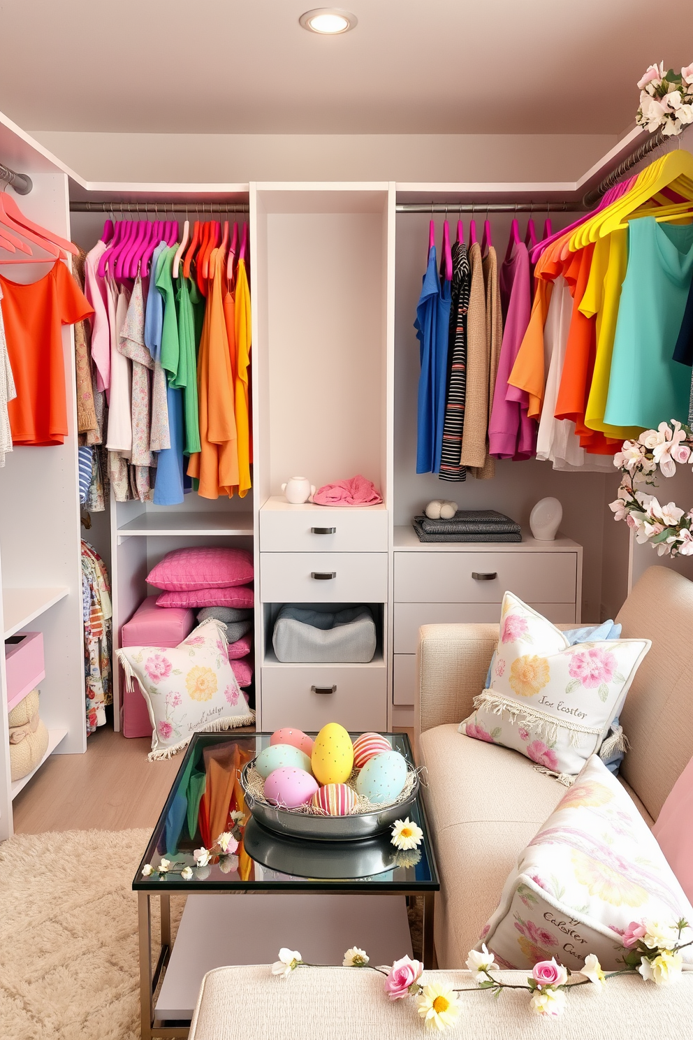 A walk-in closet adorned with brightly colored hangers, each one holding a piece of vibrant clothing. The hangers are arranged in a rainbow sequence, creating a visually striking and cheerful atmosphere, complemented by a sleek white shelving unit. An Easter-themed living room with pastel decorations, including a centerpiece of painted eggs on the coffee table. Soft, floral-patterned throw pillows adorn the couch, and delicate garlands of spring flowers are draped across the mantel, bringing a festive and fresh look to the space.