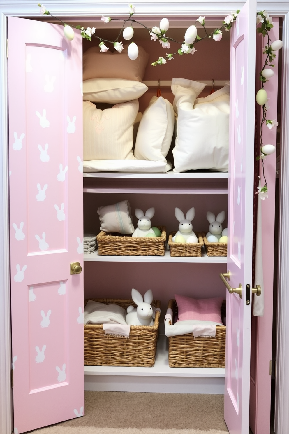 A charming closet design featuring bunny prints on the doors. The closet doors are painted in a soft pastel pink, with adorable white bunny prints scattered across the surface, adding a whimsical touch to the room. For Easter decorating ideas, the closet is adorned with delicate garlands of pastel-colored eggs and spring flowers. Inside, the shelves are lined with baskets filled with decorative Easter bunnies, eggs, and soft linens in coordinating pastel shades.