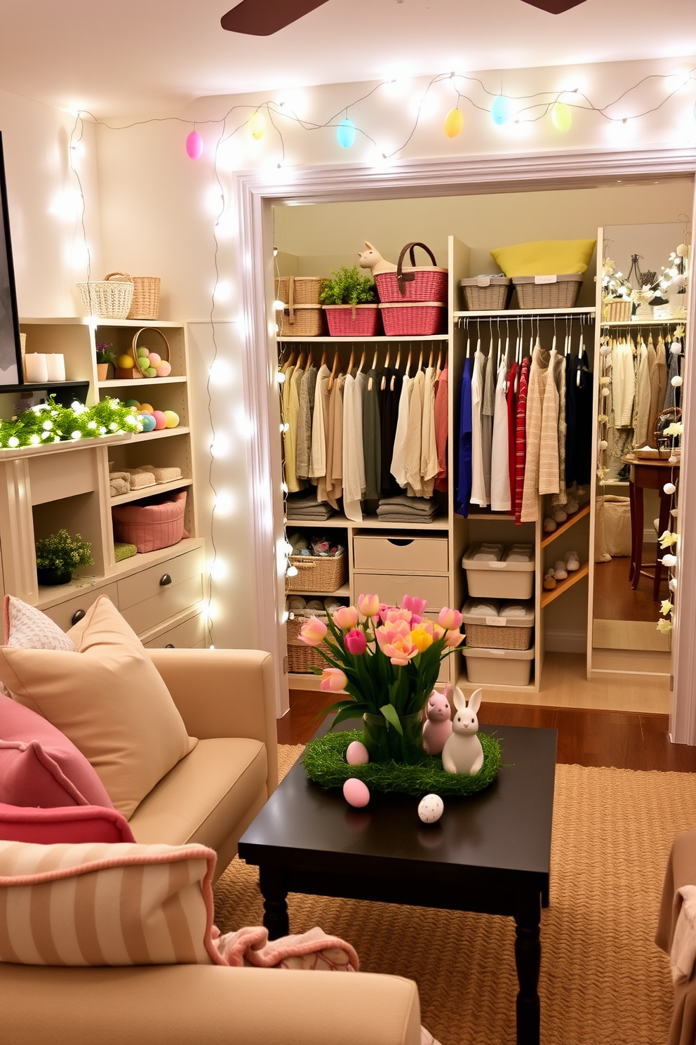 An inviting living room adorned with Easter-themed light string decorations. The strings of pastel-colored egg-shaped lights are draped across the mantelpiece and wound around the staircase banister, casting a soft, festive glow. A cozy, neutral-toned seating area is accented with cushions and throws in spring colors. A vase of fresh tulips sits on the coffee table, while the light strings create a whimsical ambiance perfect for the holiday. A chic walk-in closet transformed for Easter with creative decorating ideas. Shelves and drawers are lined with pastel-colored baskets filled with decorative eggs and faux grass. The closet island features a centerpiece of spring flowers and bunny figurines. Hanging from the closet rods are delicate garlands of paper flowers and eggs, adding a touch of seasonal charm to the space.