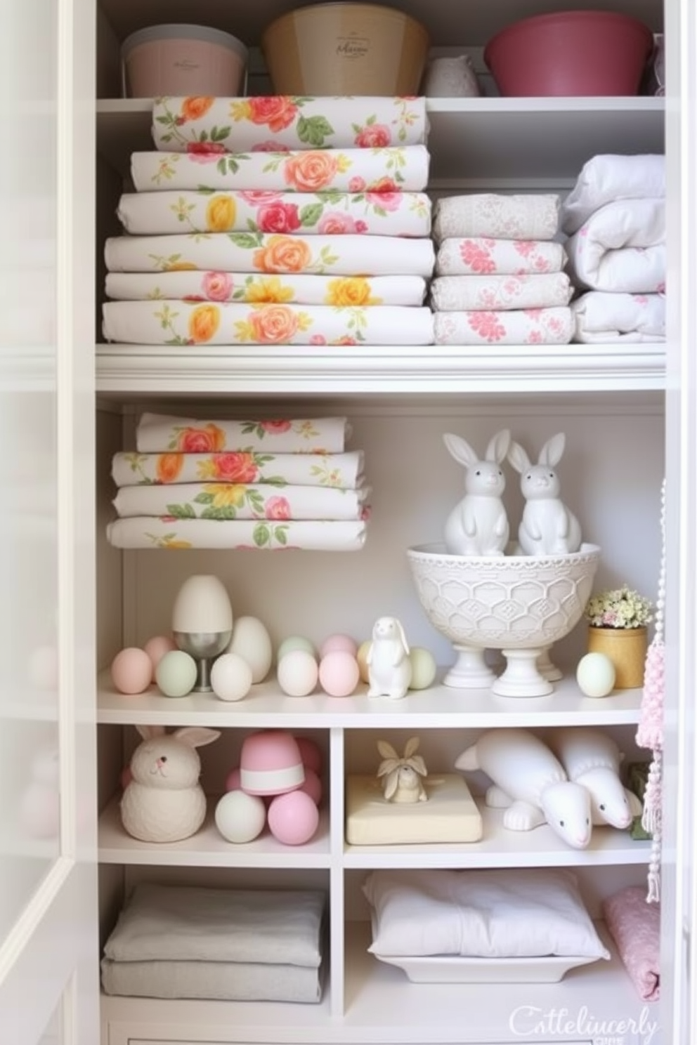 A cozy closet space with shelves neatly organized, each featuring a different seasonal tablecloth. The tablecloths are folded and stacked by season, showcasing vibrant spring florals, warm autumn hues, and festive winter patterns, creating a visually appealing and practical storage solution. A charming Easter-themed closet with pastel-colored decorations. Shelves are adorned with delicate Easter eggs, bunny figurines, and soft, pastel-colored linens, creating a joyful and festive atmosphere perfect for the holiday season.