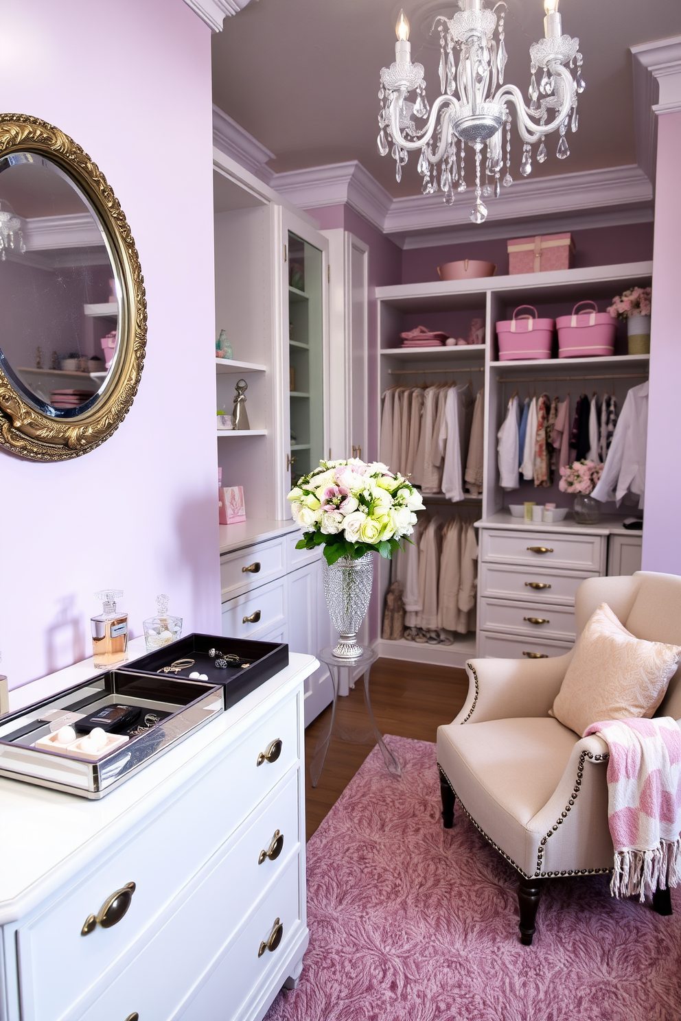 A chic bedroom dresser adorned with decorative trays. The first tray, made of polished silver, holds a collection of perfume bottles and a small potted plant, while the second tray, crafted from dark wood, organizes jewelry and a sleek black watch. The dresser itself is white with gold accents, and a large round mirror with an ornate frame hangs above it, reflecting the room's soft lighting. To the right of the dresser, a cozy armchair with a plush throw blanket adds a touch of comfort and elegance to the space. A spacious walk-in closet beautifully organized for Easter. Shelves are adorned with pastel-colored baskets filled with decorative eggs and small gifts, while the center island features a display of fresh flowers in a crystal vase. The closet's walls are painted a soft lavender, complementing the white cabinetry and gold hardware. A plush rug in a matching pastel shade covers the floor, and a delicate chandelier hangs from the ceiling, casting a warm glow over the festive decorations.