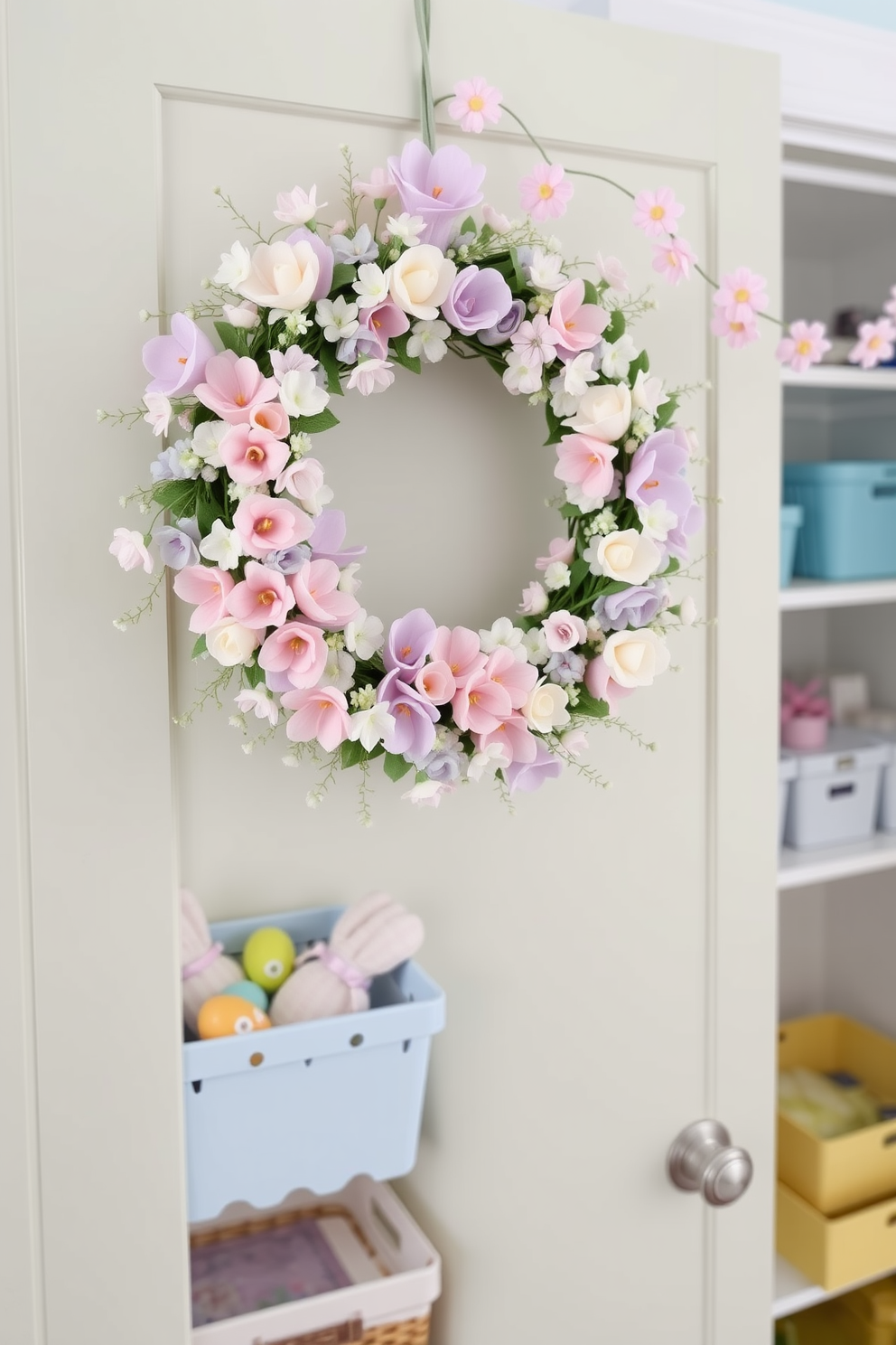 A pastel floral wreath adorns the closet door, featuring a mix of soft pink, lavender, and cream flowers intertwined with delicate green foliage. The door itself is painted a light, airy shade of mint green, complementing the wreath's gentle hues. Inside the closet, Easter decorating ideas come to life with baskets filled with pastel-colored eggs and plush bunny toys. Shelves are lined with light blue and yellow storage boxes, while a garland of tiny paper flowers drapes across the top shelf, adding a festive touch.