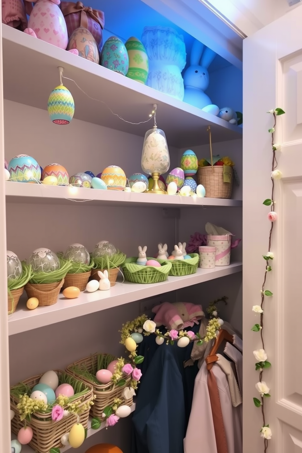 A whimsical display of colorful egg decorations adorns the shelves. Each egg is hand-painted with intricate patterns, nestled among delicate fairy lights and tiny ceramic bunnies, creating a charming and festive atmosphere. For a closet Easter decorating idea, line the shelves with pastel-colored baskets filled with faux grass and assorted decorative eggs. Hang a garland of miniature Easter eggs and flowers along the closet door, and place a plush bunny on the top shelf to complete the festive look.