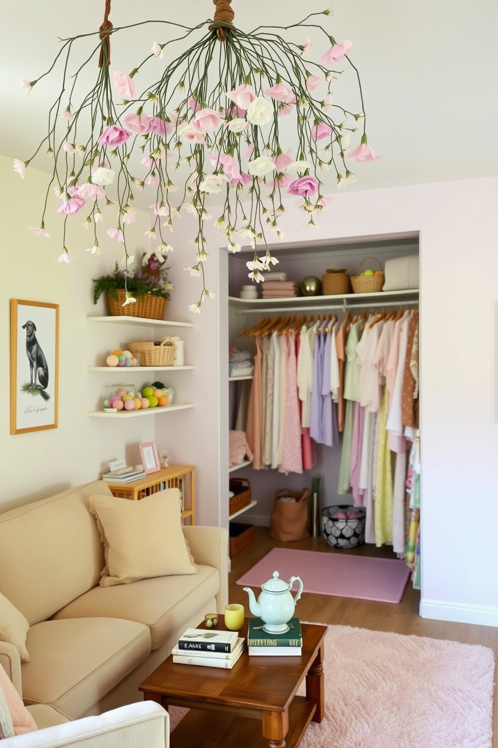 A cozy living room adorned with hanging floral arrangements. Delicate flowers in pastel shades are suspended from rustic hooks on the ceiling, creating a whimsical garden-like atmosphere. The walls are painted a soft cream color, complementing the natural hues of the flowers. A comfortable beige sofa with plush cushions sits beneath the floral display, and a wooden coffee table holds a collection of gardening books and a teapot. A spacious walk-in closet transformed for Easter celebrations. Shelves are lined with baskets filled with colorful eggs and spring-themed decorations. The closet walls are painted a light lavender, adding a fresh, festive feel. Hanging from the closet rod are pastel-colored dresses and accessories, with a soft pink rug underfoot creating a cozy, inviting space.