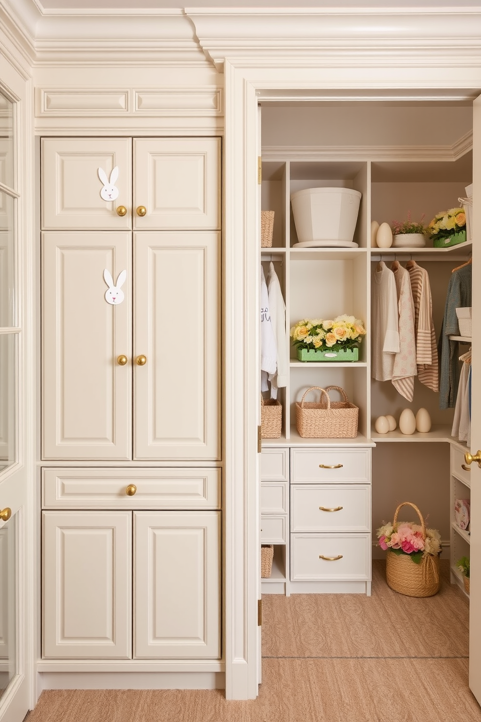 A chic storage solution featuring elegant cabinets adorned with subtle bunny motifs. The cabinets, painted in a soft pastel shade, are complemented by gold hardware and delicate, hand-painted bunny designs on the doors. A spacious walk-in closet decorated for Easter, with pastel-colored baskets and bunny-shaped hooks for hanging accessories. Shelves are lined with decorative eggs and spring flowers, creating a festive and organized space.