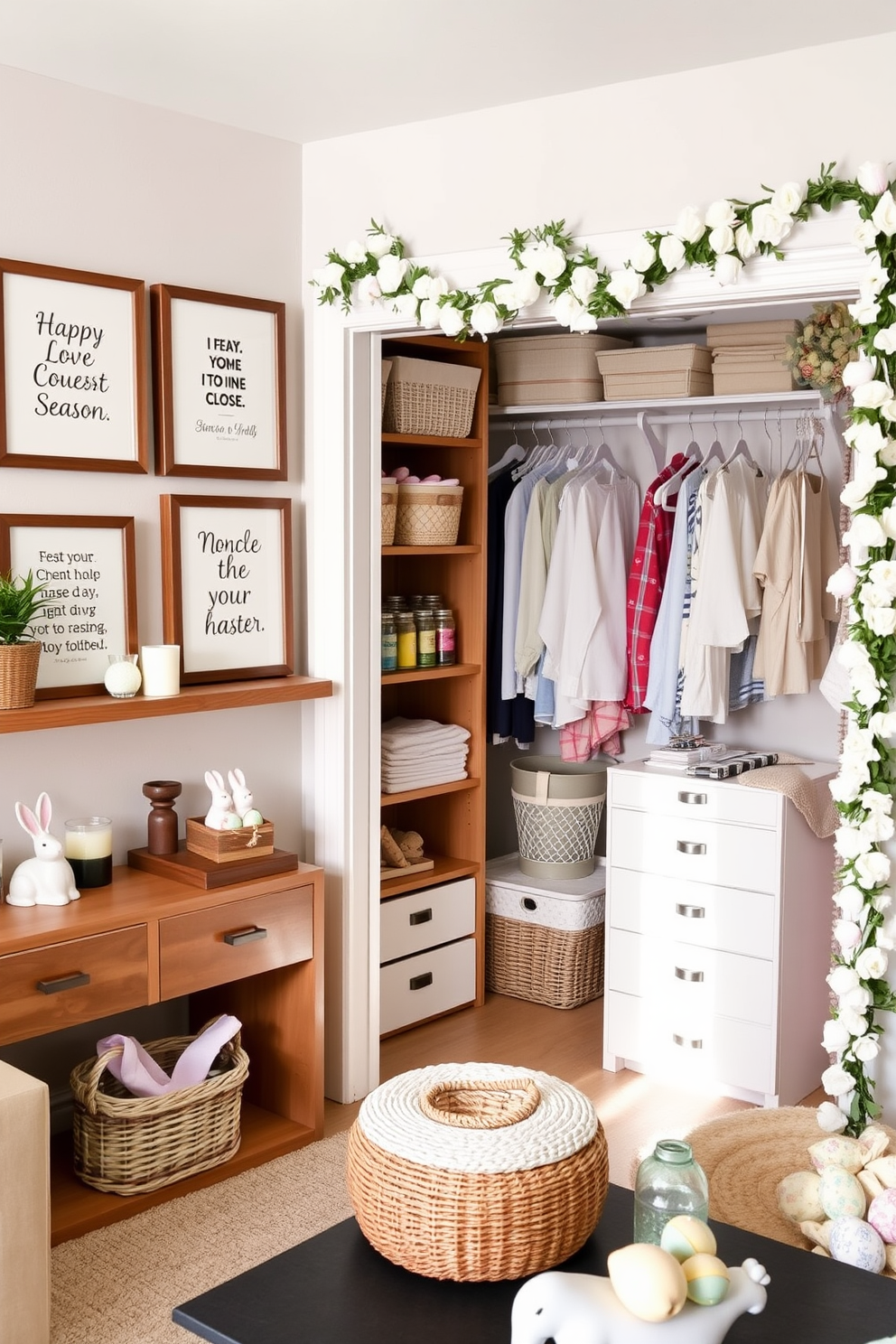 A cozy living room corner adorned with framed seasonal quotes. Wooden shelves hold the frames, each featuring a different quote for the current season, complemented by small decorative items like candles and mini potted plants. A walk-in closet transformed for Easter with pastel decorations. Shelves and drawers are filled with themed baskets, bunny figurines, and colorful eggs, while the walls are adorned with soft, spring-inspired garlands and floral arrangements.