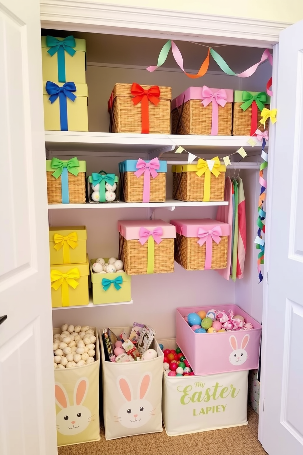 Colorful storage boxes with ribbon accents. Each box is wrapped in vibrant ribbons of various shades, with neatly tied bows on top. The ribbons are arranged in patterns, creating a playful and organized look. The boxes are stacked on white shelves, adding a pop of color to the room. An Easter-themed closet decorated with pastel colors and festive touches. The shelves are lined with baskets filled with Easter eggs, and garlands of pastel-colored ribbons hang from the closet rod. On the floor, there are storage bins decorated with bunny motifs and filled with holiday decorations. The overall look is cheerful and inviting, perfect for the spring season.