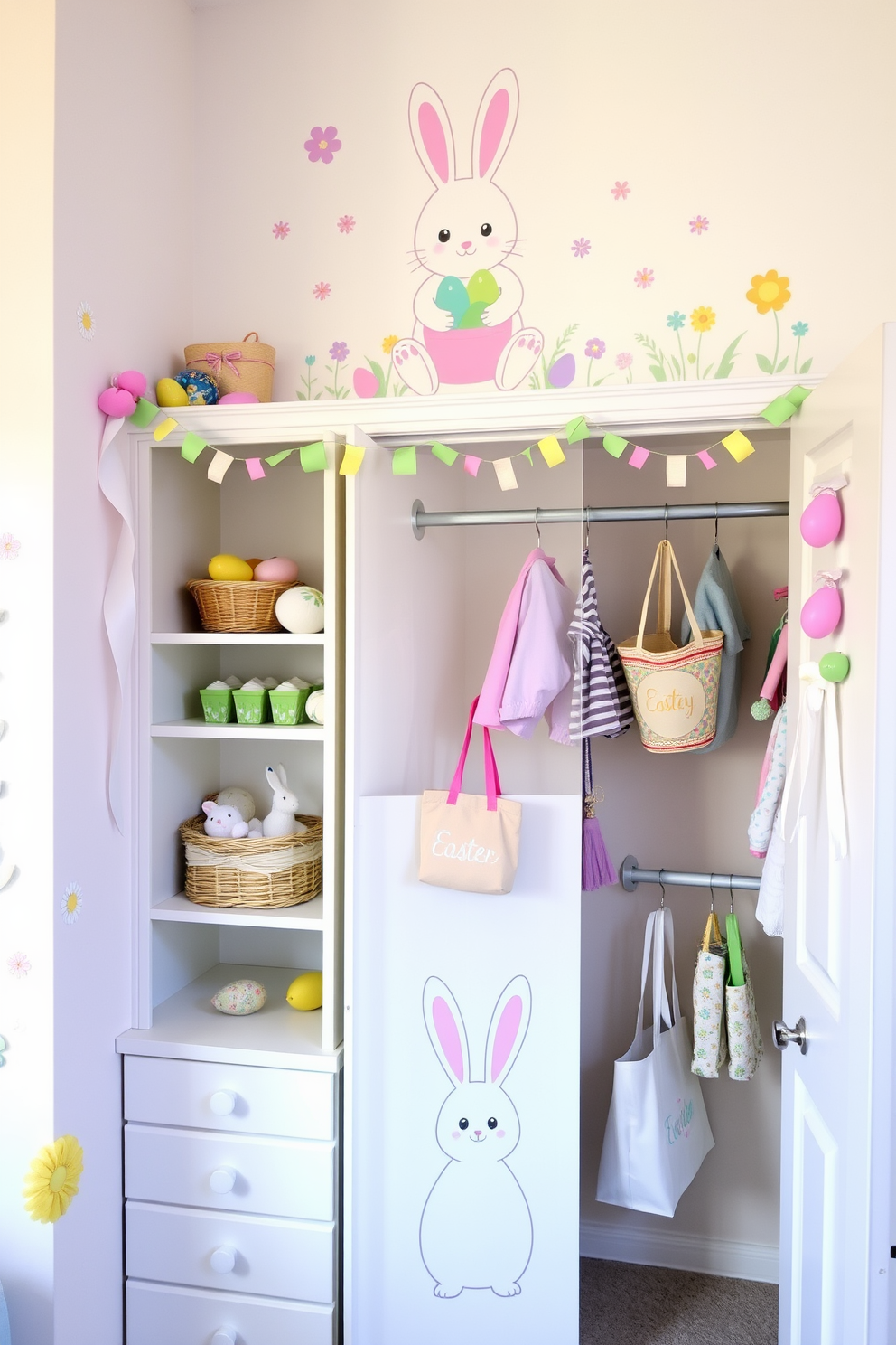 A charming Easter-themed wall decor setting. The walls are adorned with pastel-colored decals featuring bunnies, eggs, and flowers, creating a playful and festive atmosphere. Above a white dresser, a large decal of an Easter bunny holding a basket of eggs serves as the focal point. Additional smaller decals of colorful eggs and spring flowers are scattered around, enhancing the holiday spirit. An inviting Easter-themed closet space. Shelving units are lined with baskets filled with decorative eggs and plush bunnies, while pastel-colored ribbons and garlands hang from the closet rod. The closet door features a large decal of a cheerful bunny, welcoming anyone who opens it. Inside, hooks hold Easter-themed tote bags and hats, making the space both functional and festive.