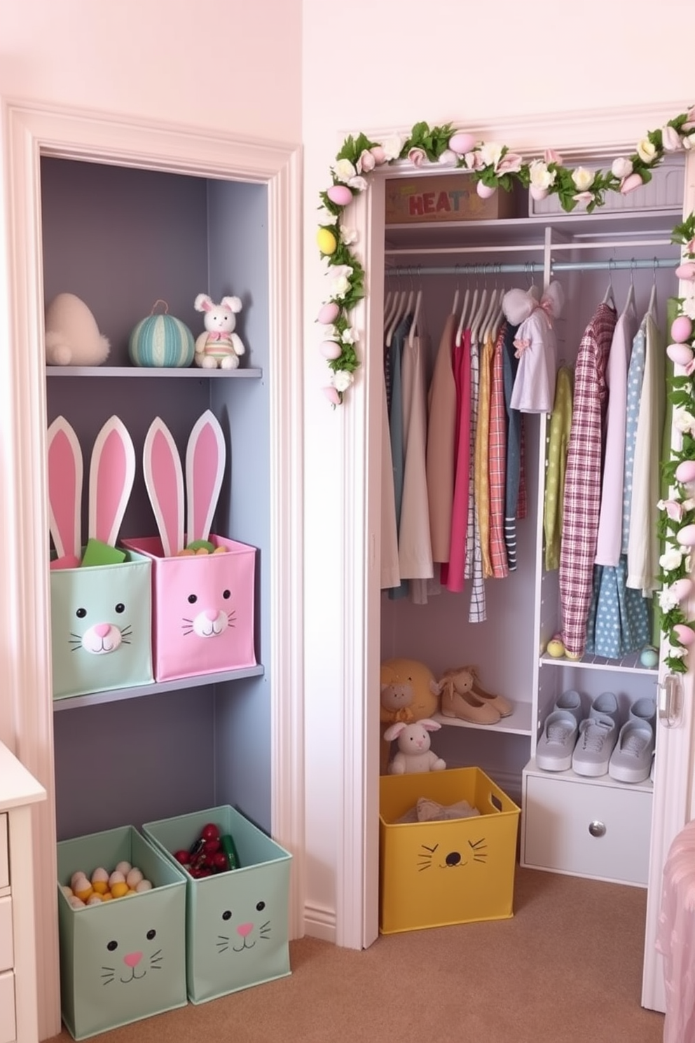 A playful and functional children's room. Bunny-shaped storage bins in pastel colors are neatly arranged along the wall, each with cute facial features and long ears, perfect for organizing toys and books. A charming walk-in closet decorated for Easter. Shelves and hangers are adorned with pastel-colored eggs, bunny figurines, and floral garlands, creating a festive and inviting atmosphere.