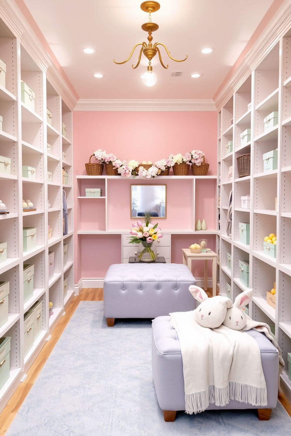 A spacious walk-in closet with a pastel color scheme. Soft pink walls and white shelving units line the space, with a plush lavender ottoman in the center. Delicate mint green storage boxes are neatly arranged on the shelves, and a pale blue rug lies underfoot. Gold-accented light fixtures hang from the ceiling, casting a warm glow over the entire room. An Easter-themed decorating idea for the closet. Baskets filled with pastel-colored eggs are placed on the shelves, and a garland of faux flowers in soft hues is draped along the top. A small table in the corner holds a vase with fresh tulips in shades of pink and yellow. On the ottoman, a cozy throw blanket with a bunny pattern adds a festive touch.