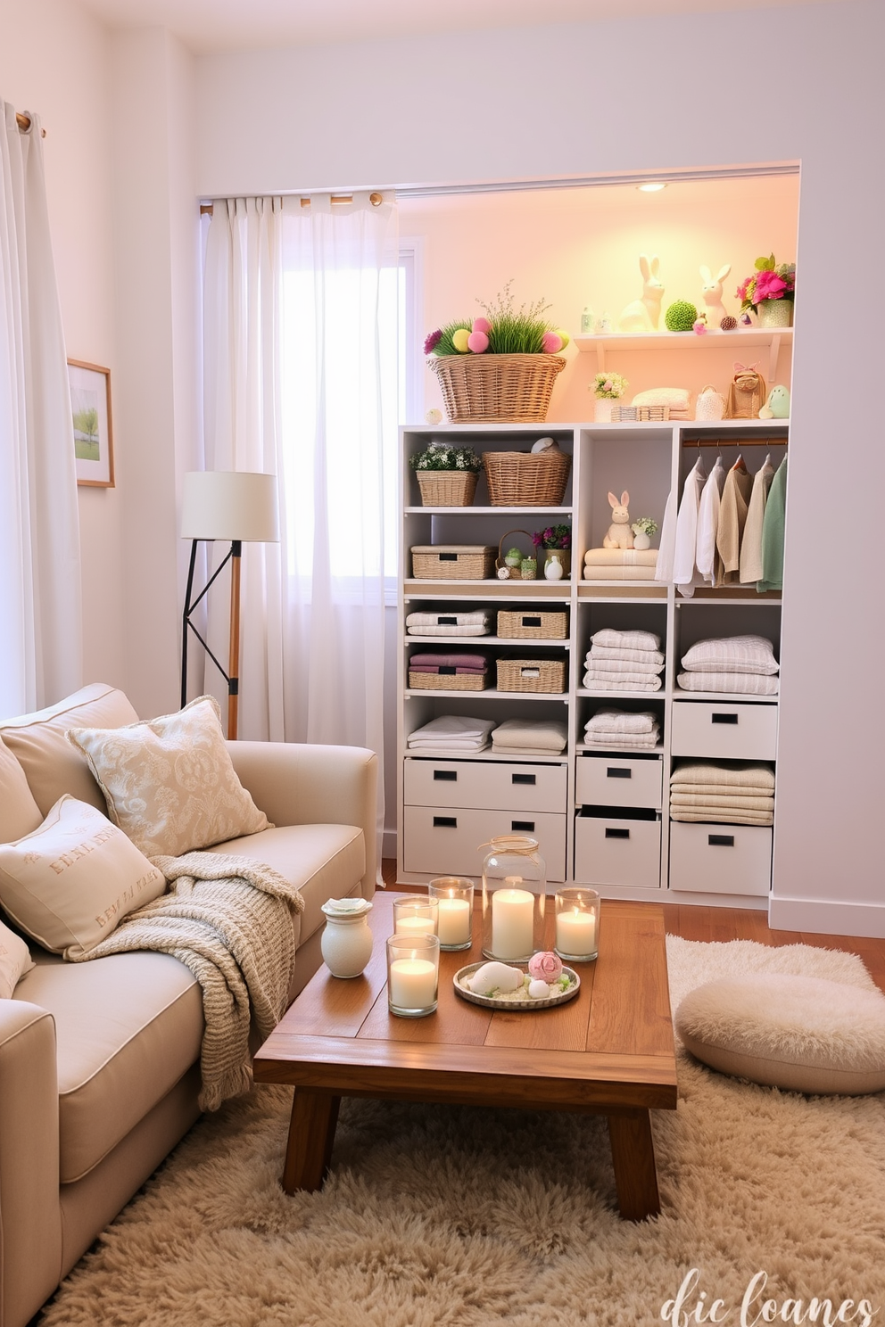 A cozy living room filled with the warm glow of scented candles. The room features a plush beige sofa, a wooden coffee table, and a soft rug underfoot. On the coffee table, there are several candles in glass jars, each emitting a seasonal scent like cinnamon, pine, and vanilla. The walls are painted a soft cream color, and a large window with sheer curtains allows natural light to filter in, enhancing the inviting atmosphere. A charming closet decorated for Easter, brimming with pastel colors and festive decor. The closet features neatly arranged shelves and drawers, each adorned with colorful Easter eggs, bunny figurines, and spring flowers. On the top shelf, there are baskets filled with decorative grass and small trinkets, while the lower shelves hold folded clothes in soft pastel hues. The walls of the closet are painted a light lavender, and a soft, plush rug in a matching shade covers the floor, creating a whimsical and cheerful space.