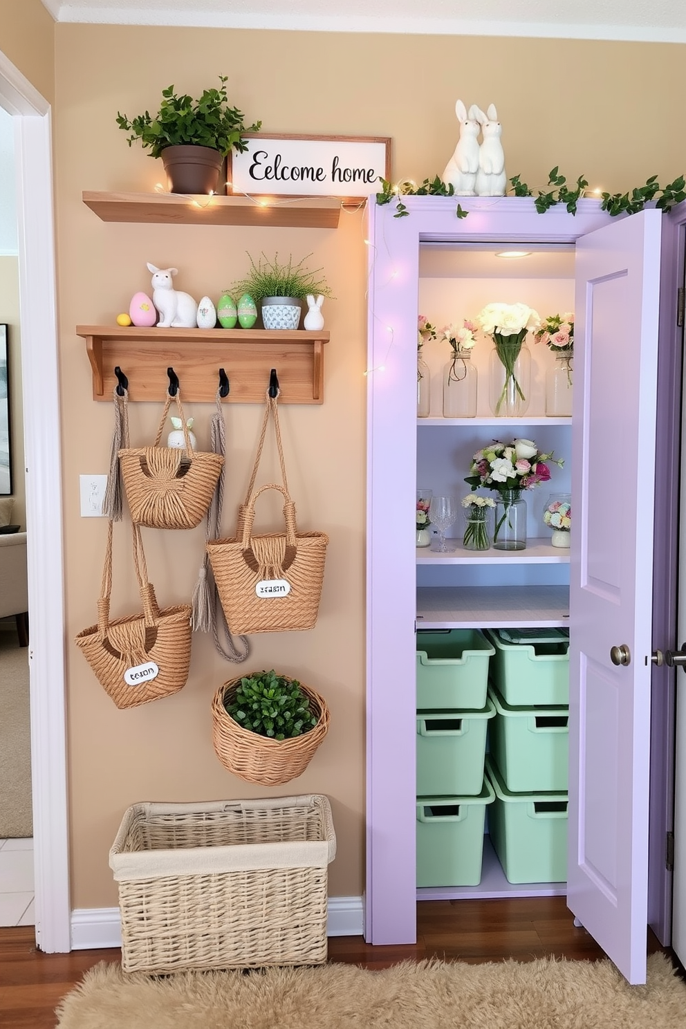 A cozy entryway with hanging baskets for seasonal accessories. The baskets are woven from natural fibers and hang from sturdy hooks on a wooden coat rack, each basket labeled for different seasons. The walls are painted a warm beige, and a plush rug in a neutral tone lies beneath. Above the coat rack, a shelf holds potted plants and a decorative sign that reads 