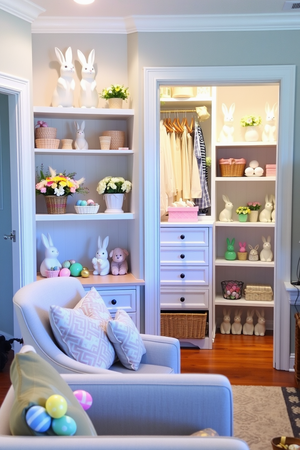 A cozy living room with bunny-shaped decor on the wooden shelves. The shelves are painted white, and the bunnies are made of ceramic, adding a whimsical touch to the room. A walk-in closet decorated for Easter with pastel-colored baskets and floral arrangements. The shelves and drawers are adorned with bunny figurines and egg-shaped ornaments, creating a festive and cheerful atmosphere.