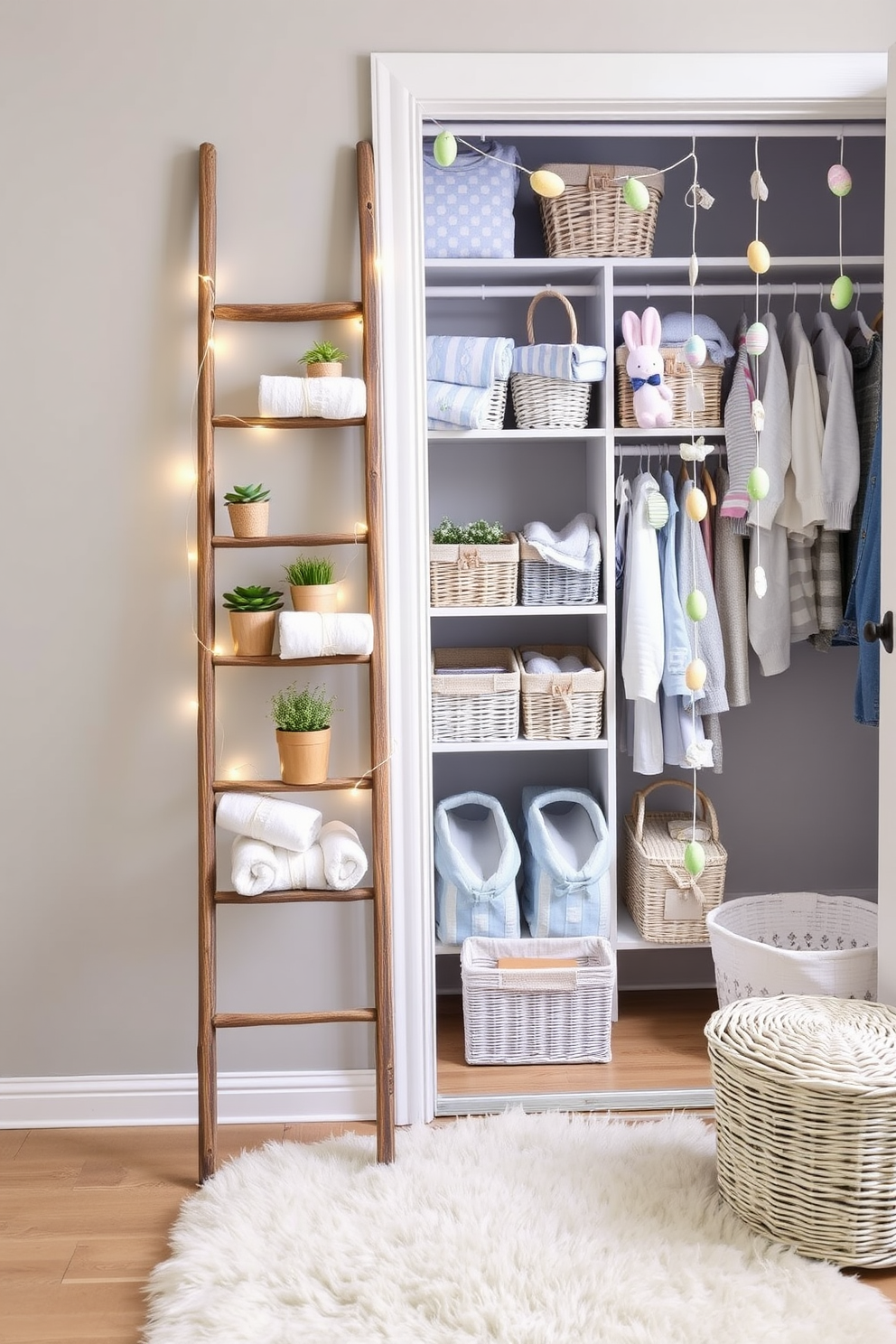 A decorative ladder stands against a light grey wall, its rustic wood finish providing a charming contrast. The rungs of the ladder are adorned with a variety of decor items, including small potted plants, rolled-up towels, and a string of fairy lights that add a warm glow to the setup. A closet is transformed into an Easter wonderland, with pastel-colored baskets neatly arranged on the shelves. The space is decorated with hanging garlands of Easter eggs and bunnies, and a soft, fluffy rug on the floor completes the festive look.