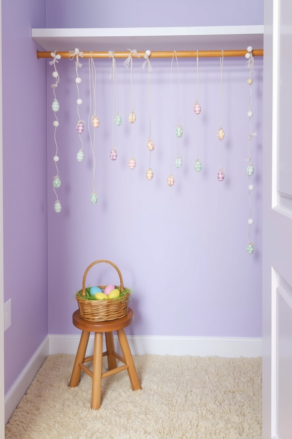 A cozy closet space adorned for Easter. Delicate pastel-colored garlands with egg-shaped ornaments hang from wooden rods, creating a festive atmosphere. The walls are painted in a soft lavender hue, and the floor is covered with a plush cream-colored rug. A wicker basket filled with faux grass and colorful Easter eggs sits on a small wooden stool in the corner.