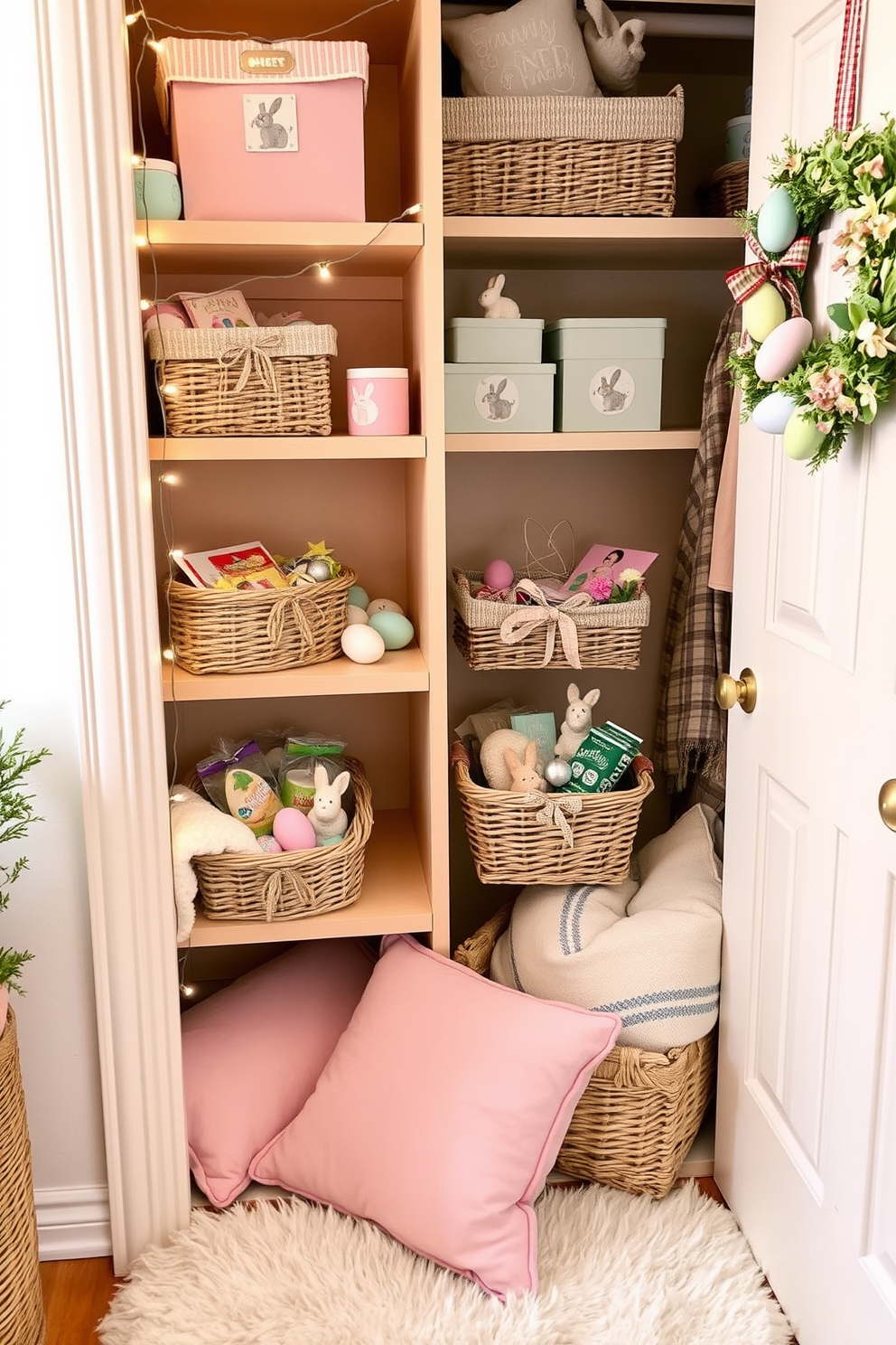 A cozy corner filled with decorative baskets for holiday treats. The baskets are woven with natural materials and adorned with festive ribbons, filled with assorted candies, cookies, and small gifts. Each basket sits on a wooden shelf painted in a warm, neutral color, with a string of fairy lights draped around them. A plush holiday-themed throw blanket is casually placed nearby, adding to the festive ambiance. A charming closet transformed with Easter decorating ideas. Shelves are lined with pastel-colored storage boxes and baskets, each filled with Easter eggs, bunny figurines, and spring flowers. The closet door is adorned with a handmade wreath featuring colorful eggs and greenery. Soft, pastel-hued pillows and a fluffy rug create a cozy nook at the bottom, perfect for hiding Easter surprises.