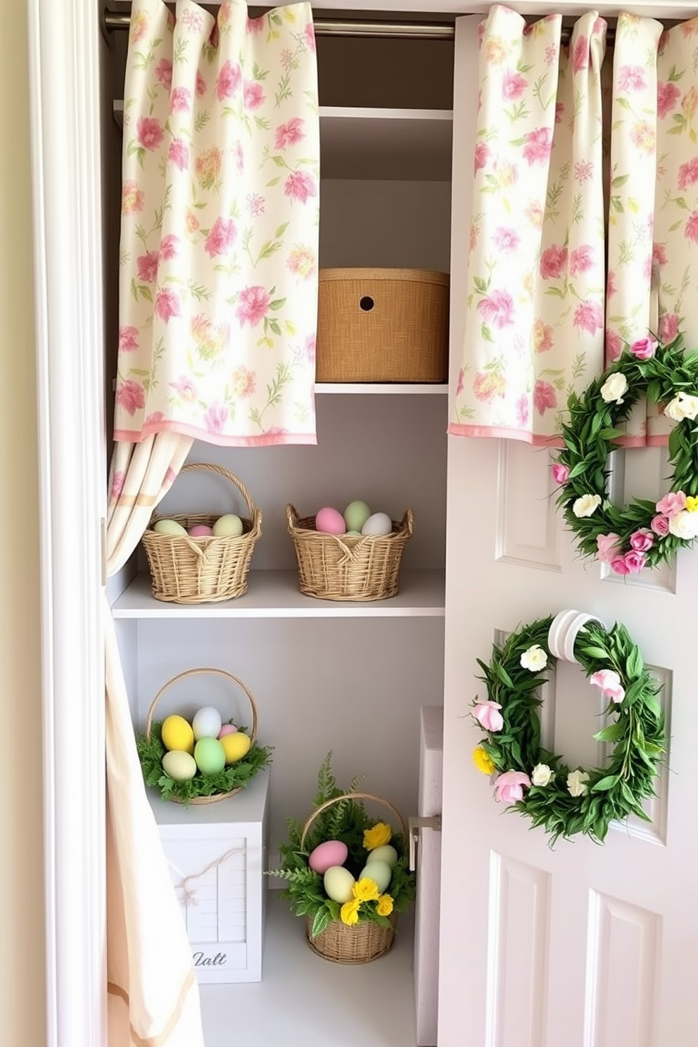 A vibrant closet space adorned with spring-themed fabric curtains. The curtains feature a delicate floral pattern in pastel hues of pink, yellow, and green, evoking the freshness of a spring garden. A charming Easter-themed closet decor setup. Shelves are lined with decorative baskets filled with colorful eggs, while the closet doors are adorned with wreaths made from faux flowers and greenery.